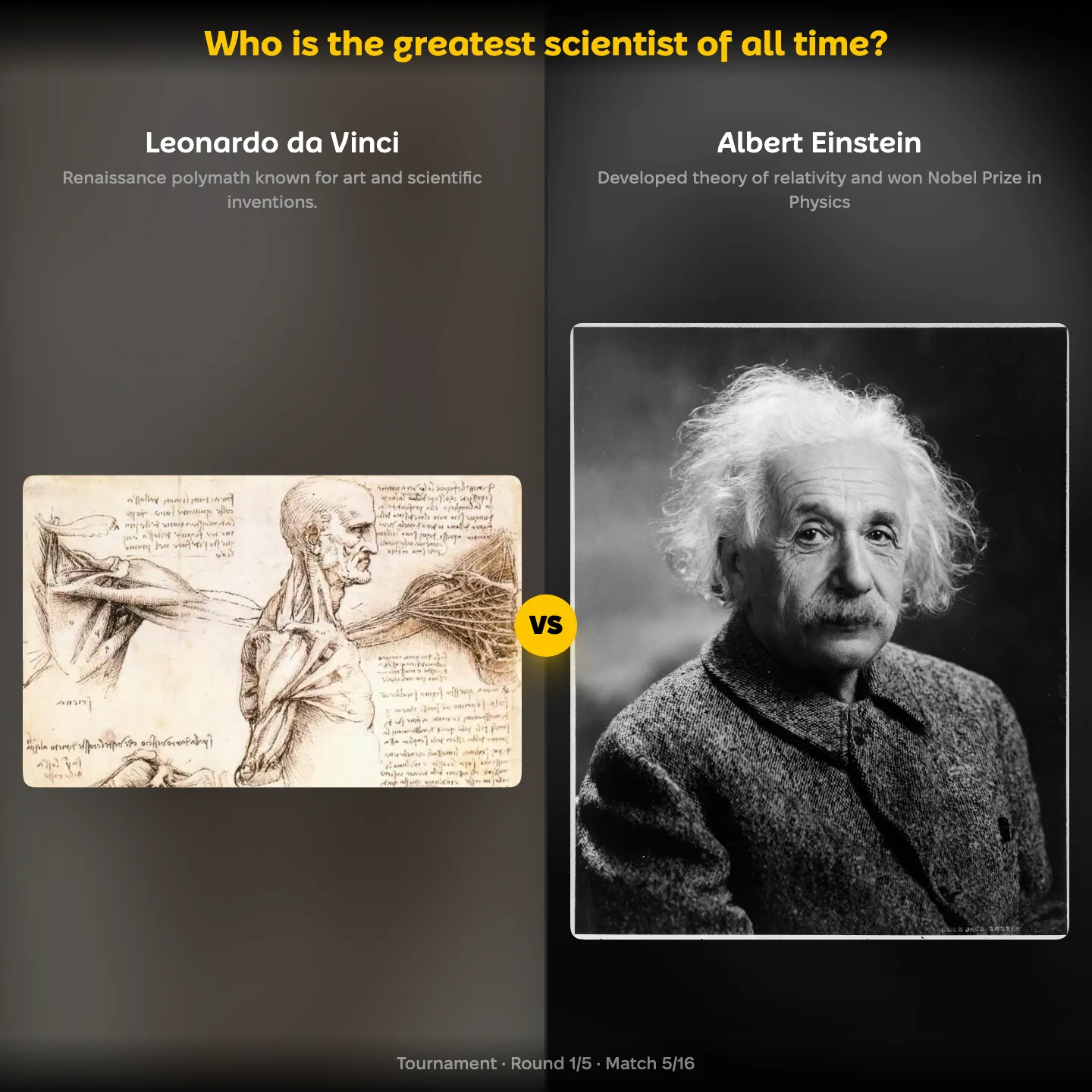 The greatest scientist of all time ranked, with Leonardo da Vinci's anatomical studies against Albert Einstein