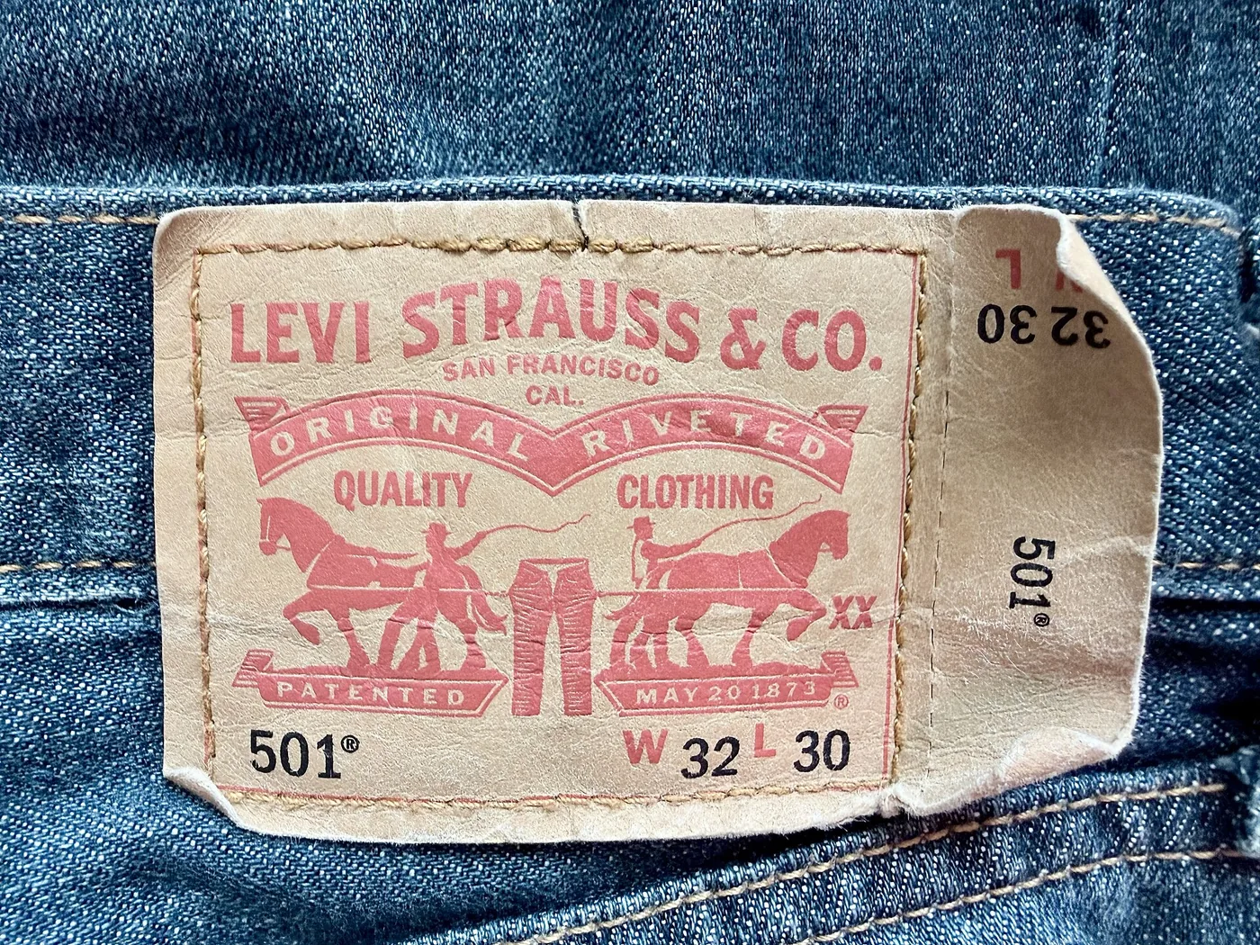 The leather Two Horse patch on a pair of Levi's 501 jeans, printed with the patent date May 20, 1873