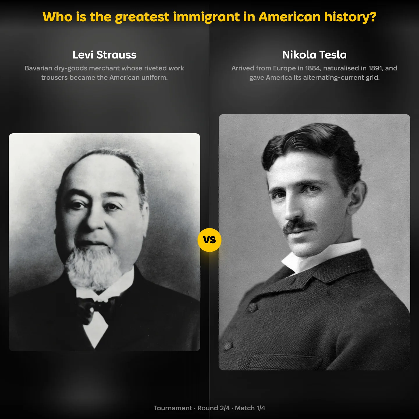 The greatest immigrants in American history ranked, Levi Strauss against Nikola Tesla