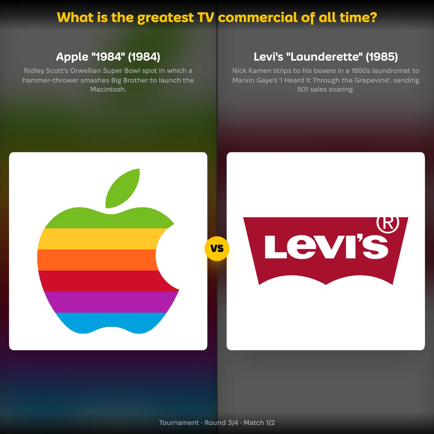 The greatest TV commercials of all time ranked, Apple 1984 against Levi's Launderette