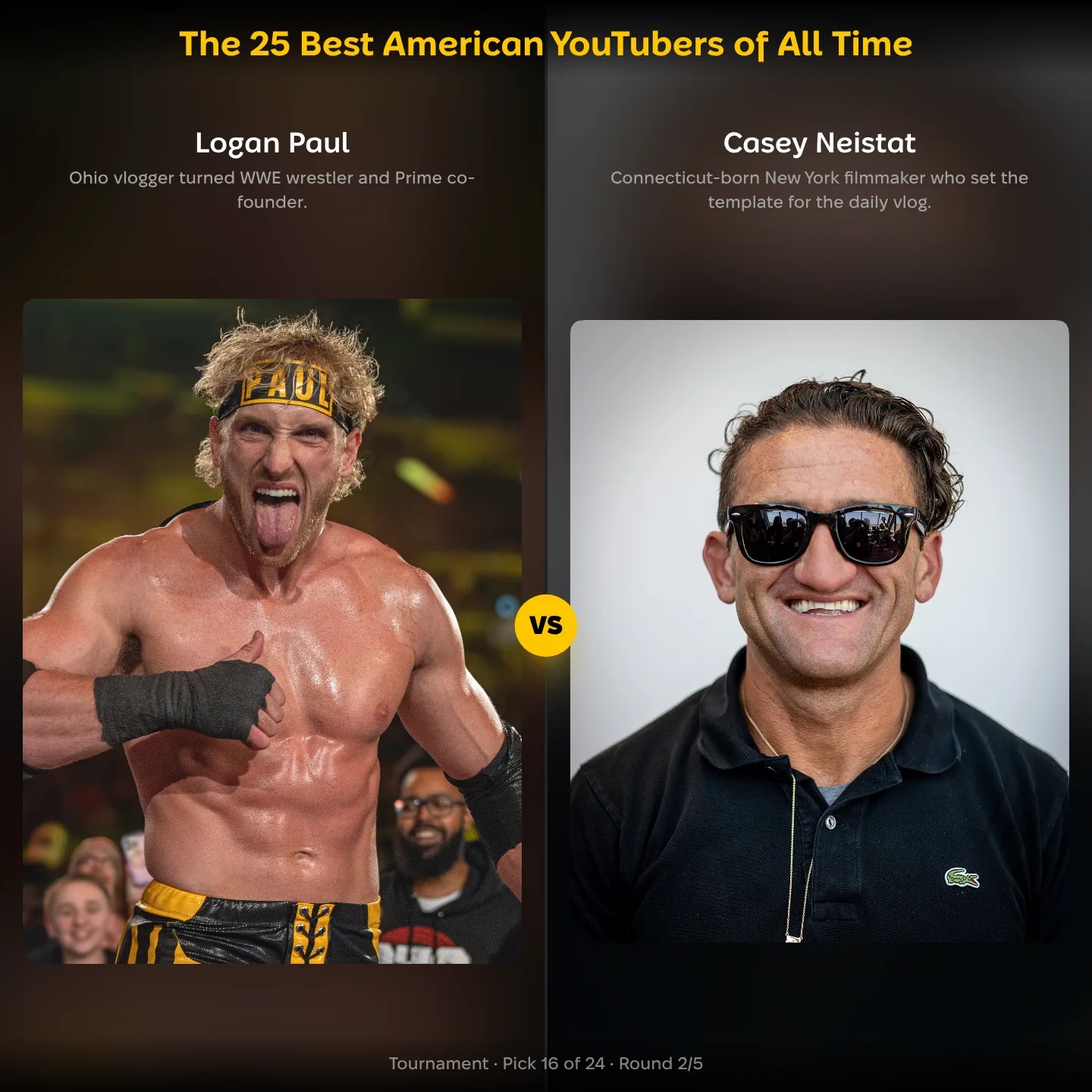 Logan Paul against Casey Neistat in the ranking of the 25 best American YouTubers