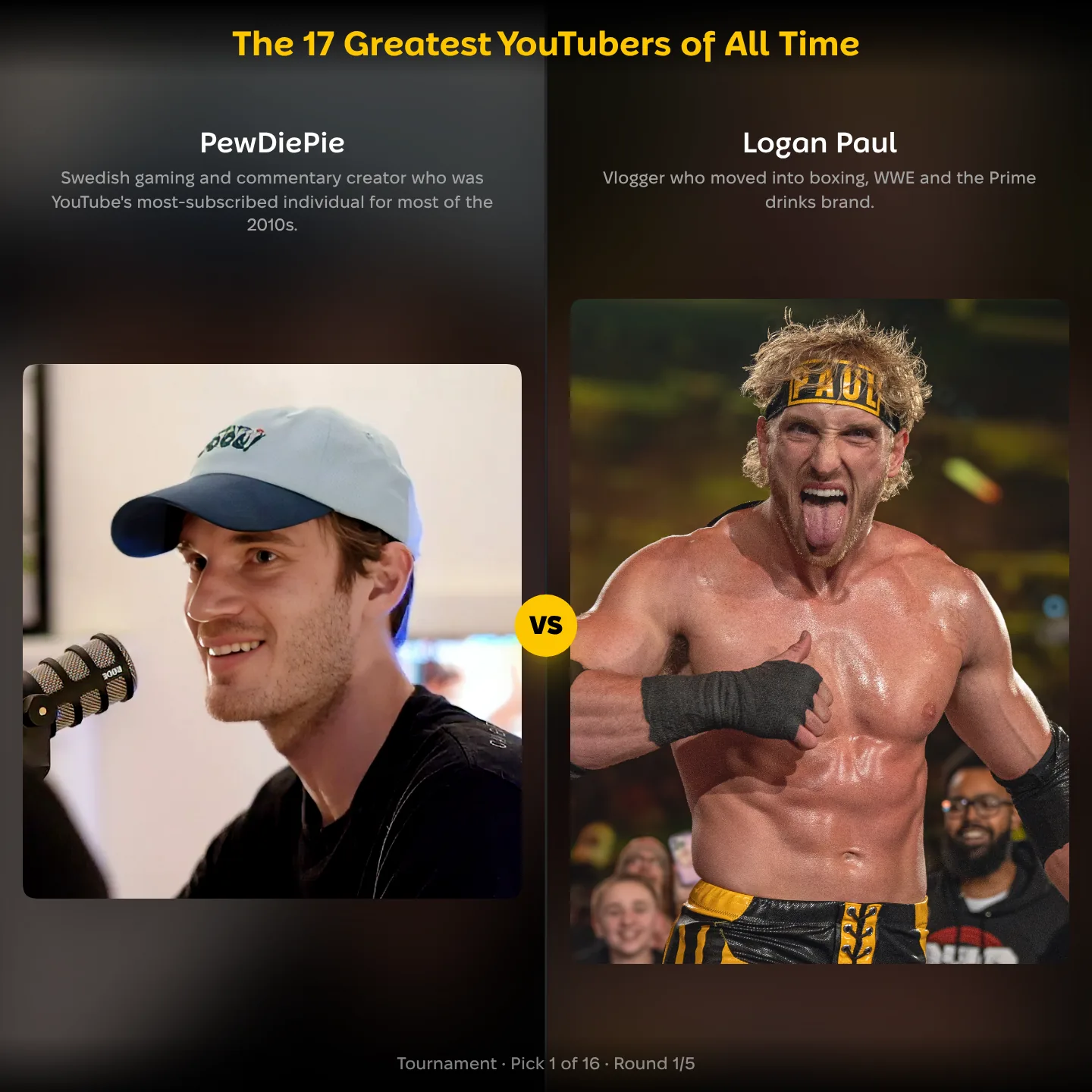 Logan Paul against PewDiePie in the ranking of the 17 greatest YouTubers of all time