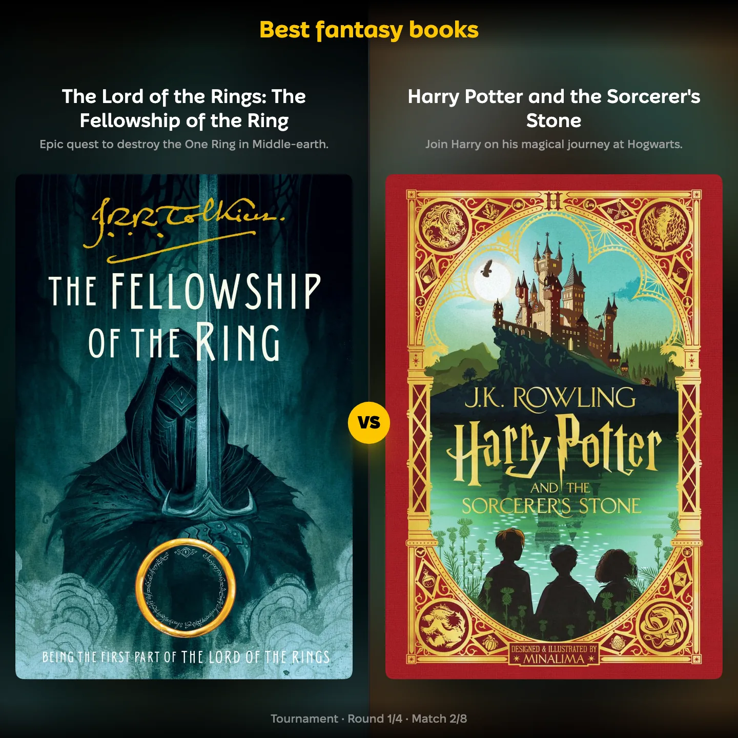 Best fantasy books ranked, with The Fellowship of the Ring against Harry Potter and the Sorcerer's Stone