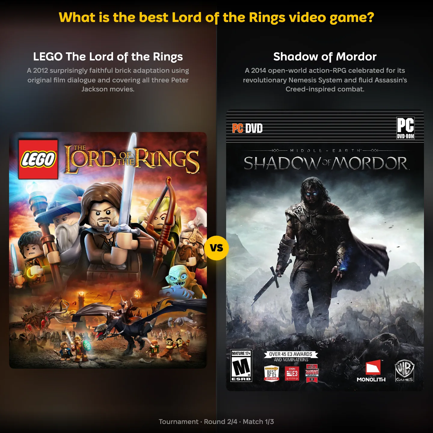 Best Lord of the Rings video game ranked, with LEGO The Lord of the Rings against Shadow of Mordor