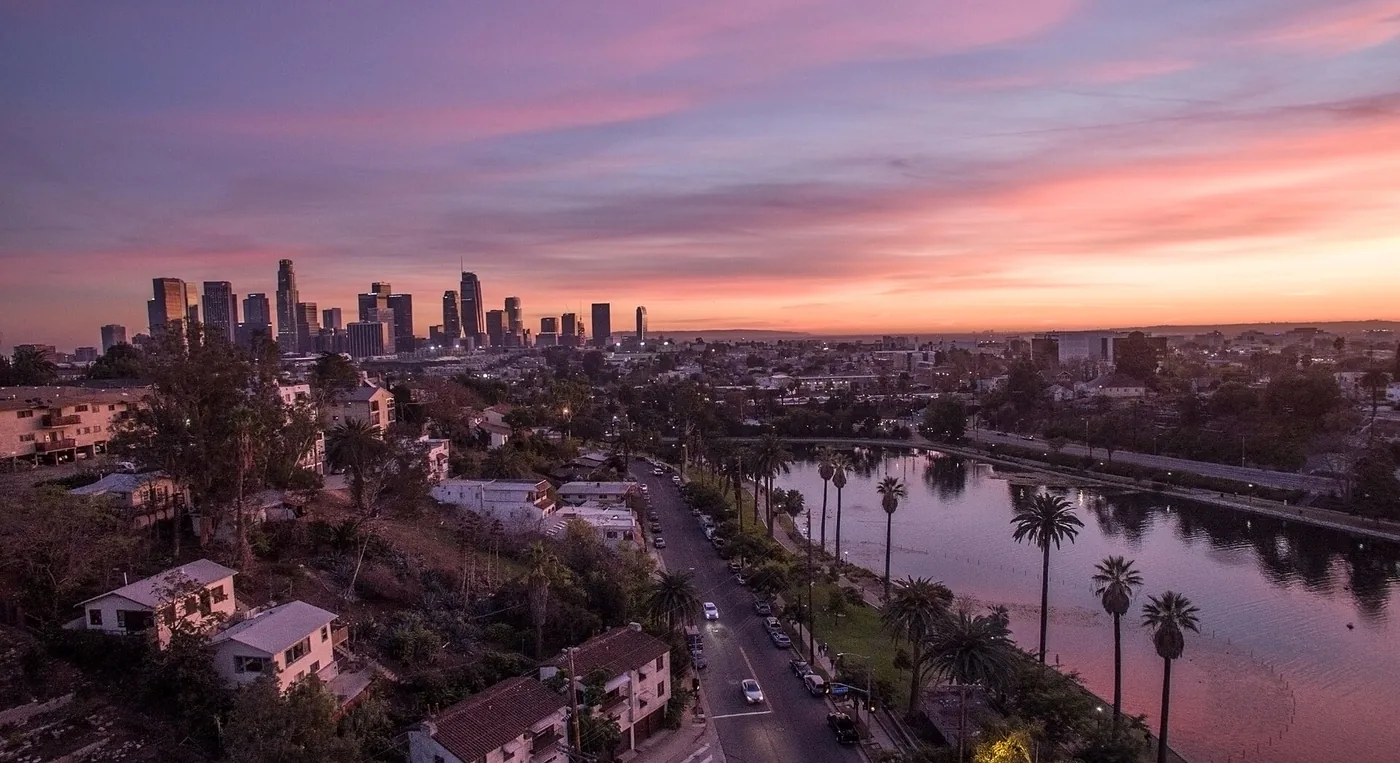 Downtown Los Angeles skyline seen across Echo Park Lake