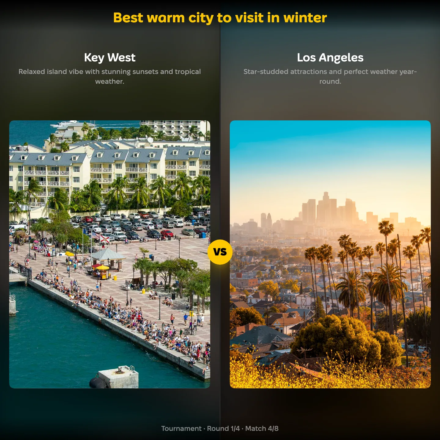 The best warm city to visit in winter ranked, with Key West against Los Angeles