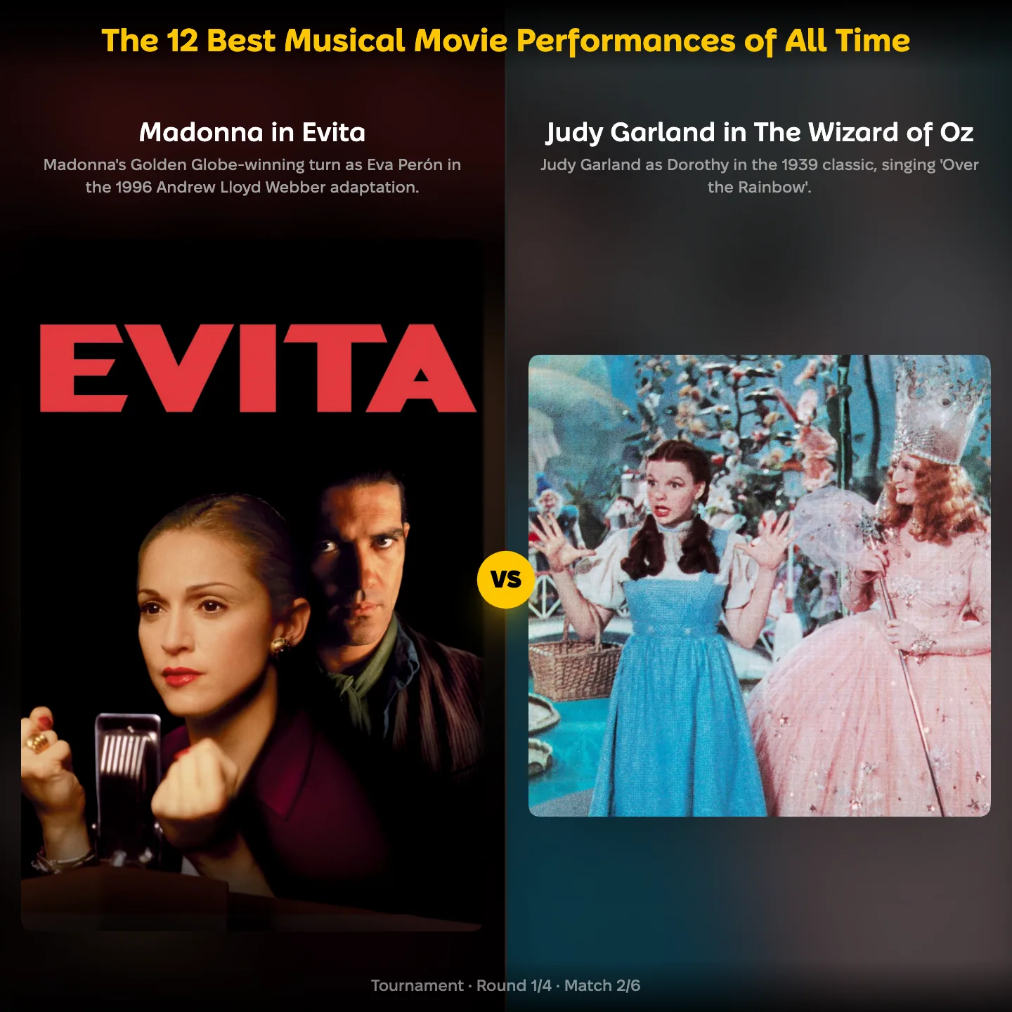 The 12 best musical movie performances of all time ranked, with Madonna in Evita facing Judy Garland in The Wizard of Oz