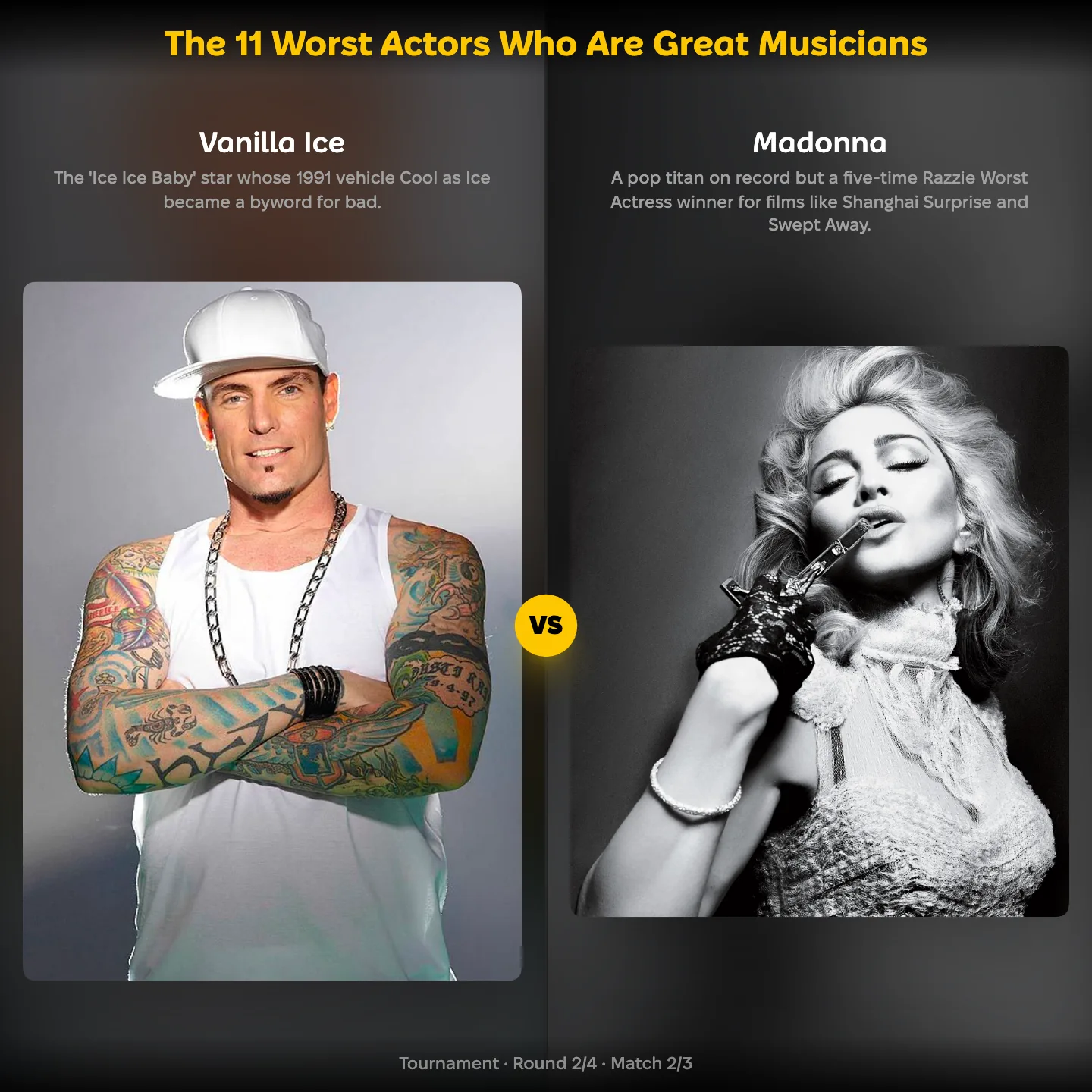 The 11 worst actors who are great musicians ranked, with Vanilla Ice facing Madonna