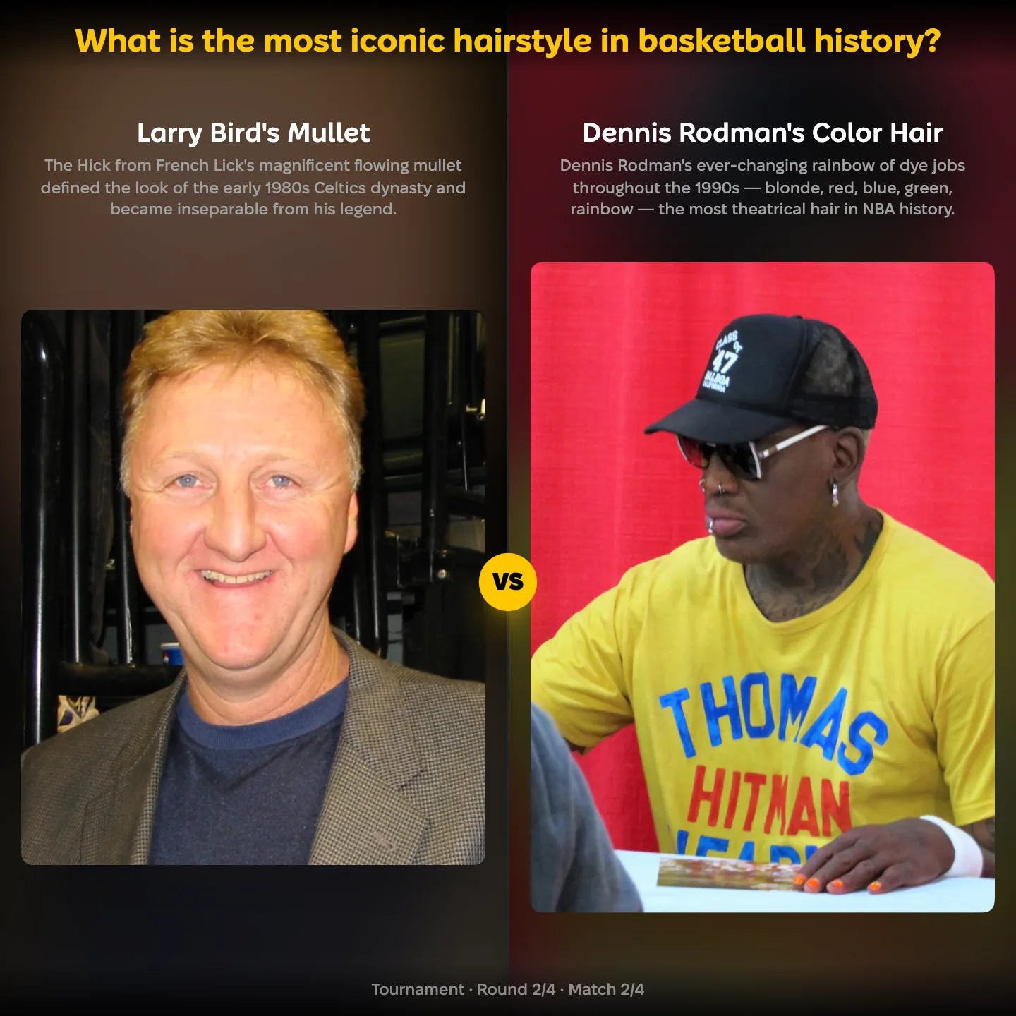 What is the most iconic hairstyle in basketball history? Larry Bird's mullet against Dennis Rodman's color hair