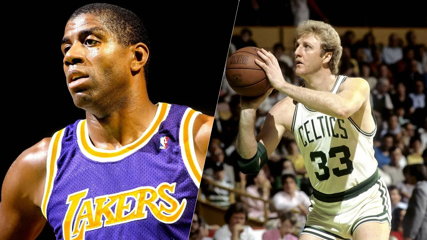 Magic Johnson in a Lakers jersey and Larry Bird shooting for the Boston Celtics, side by side