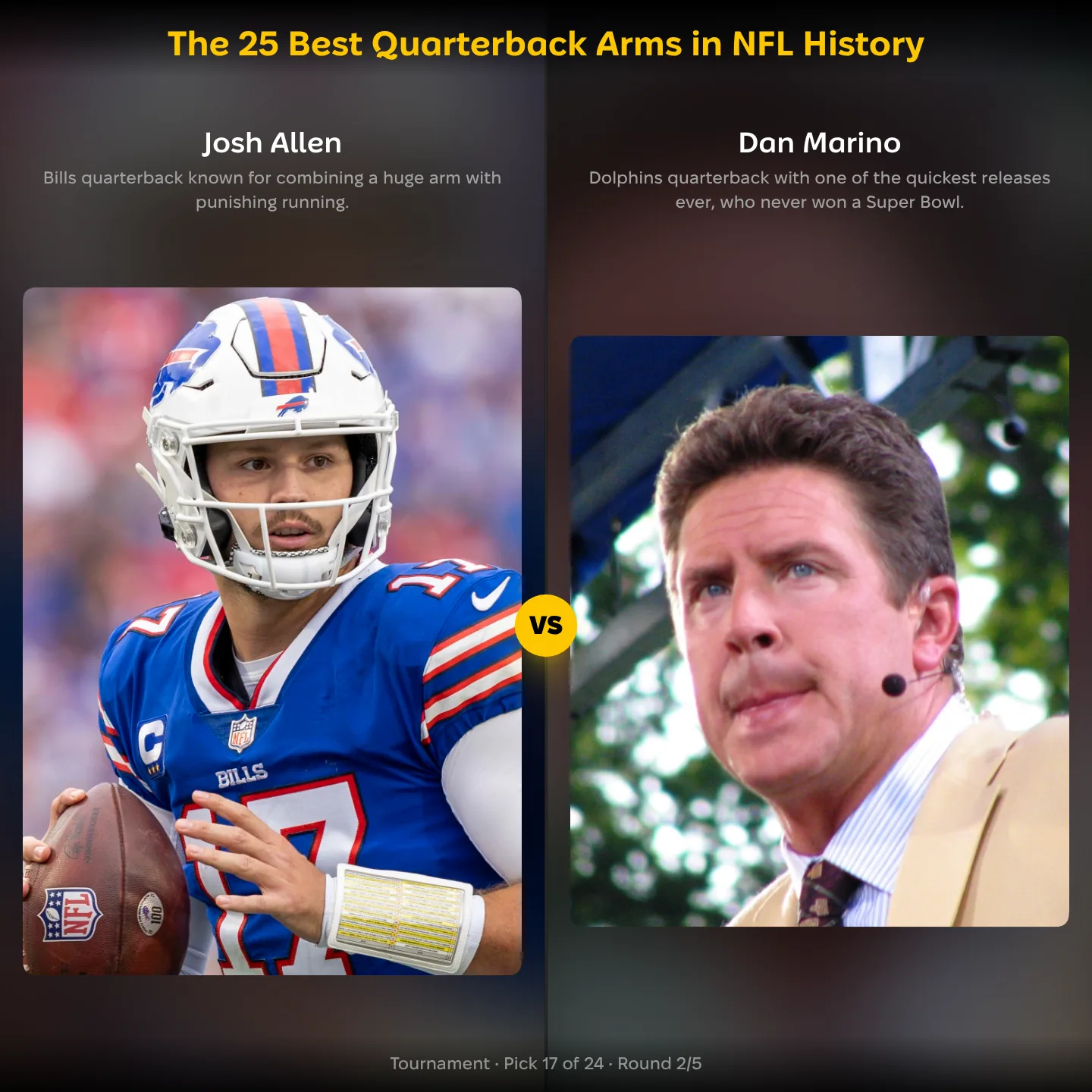 Josh Allen vs Dan Marino in the best quarterback arms in NFL history ranking, with Patrick Mahomes also listed
