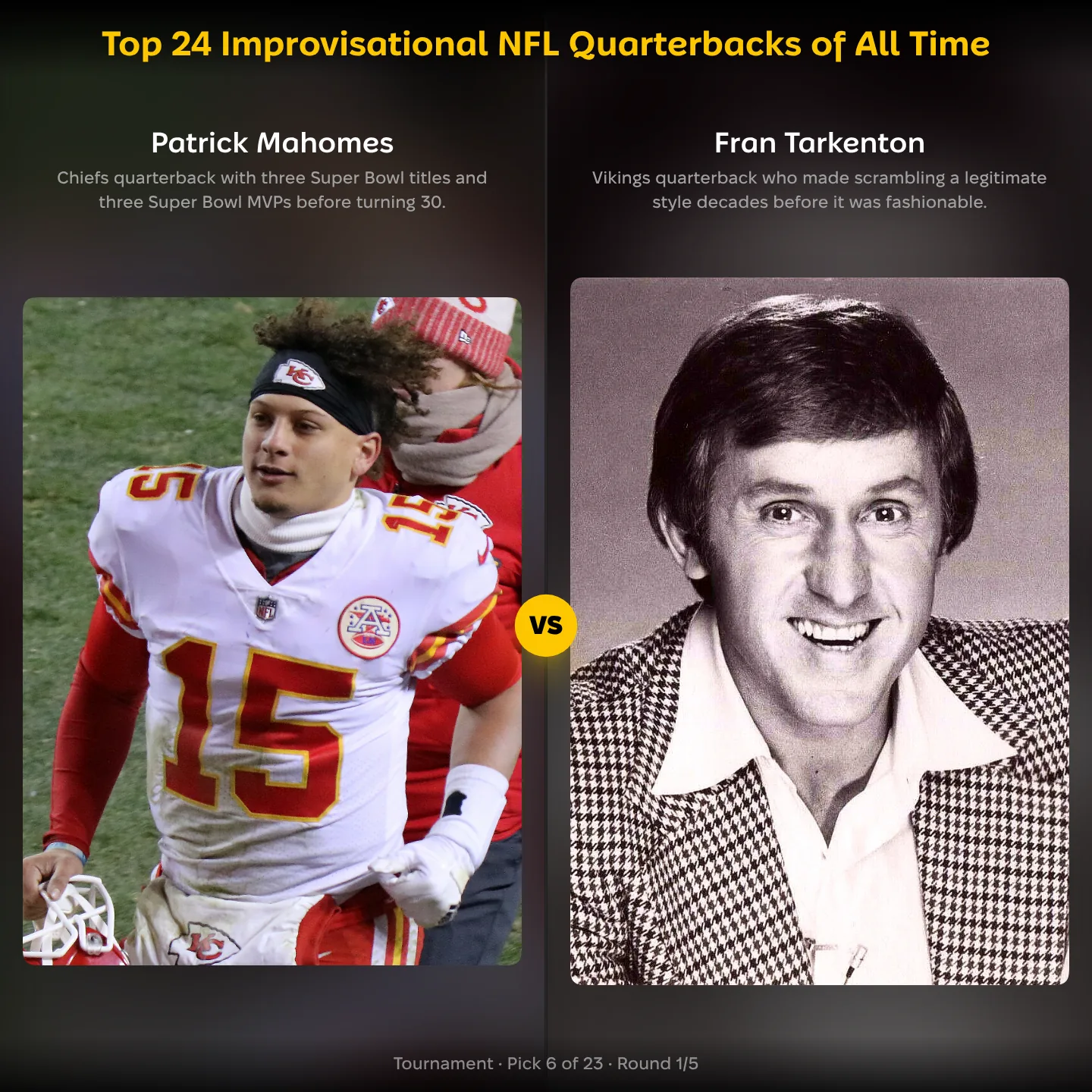 Patrick Mahomes vs Fran Tarkenton in the top improvisational NFL quarterbacks ranking, with Josh Allen also listed