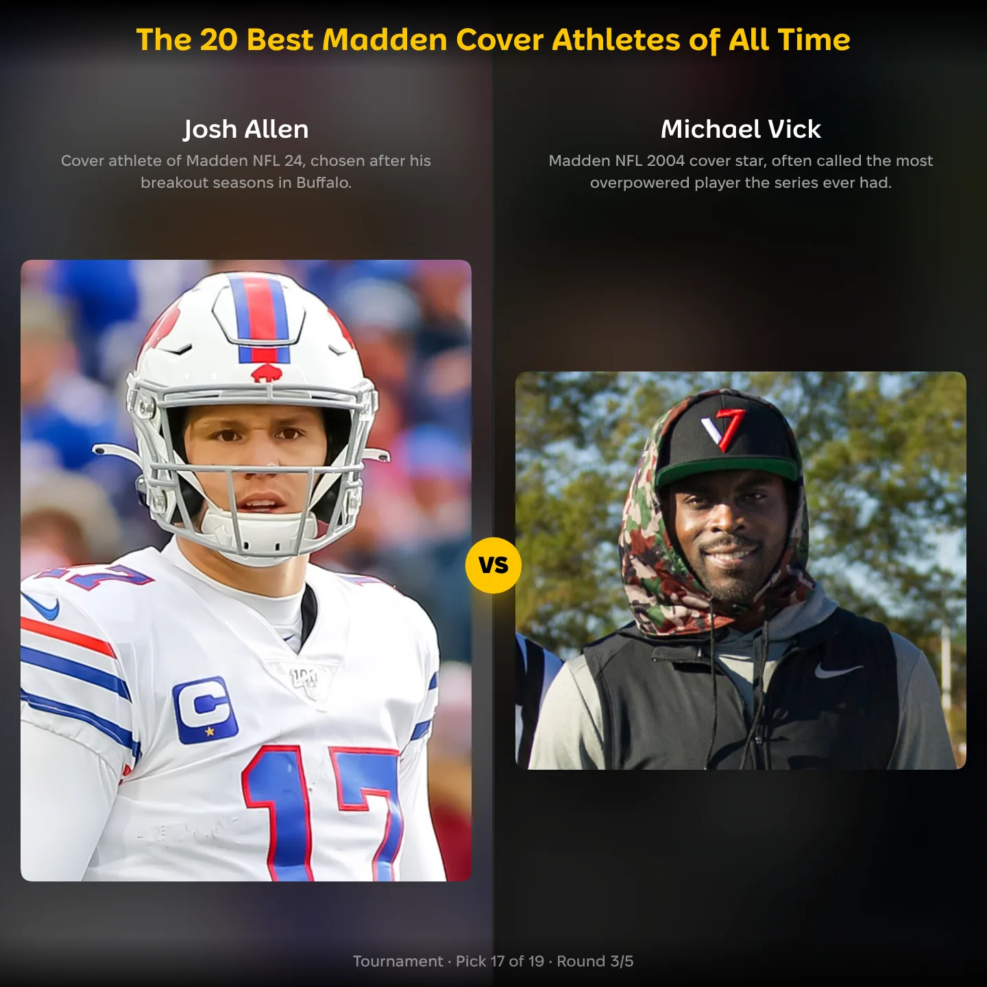 Josh Allen vs Michael Vick in the best Madden cover athletes ranking, with Patrick Mahomes also listed