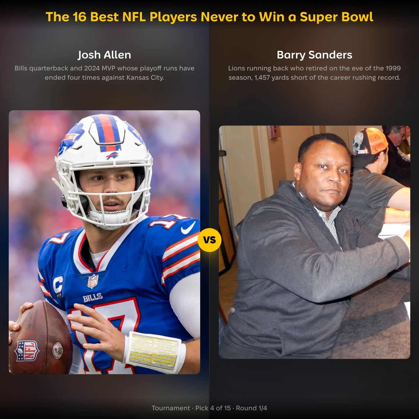 Josh Allen vs Barry Sanders in the best NFL players never to win a Super Bowl ranking