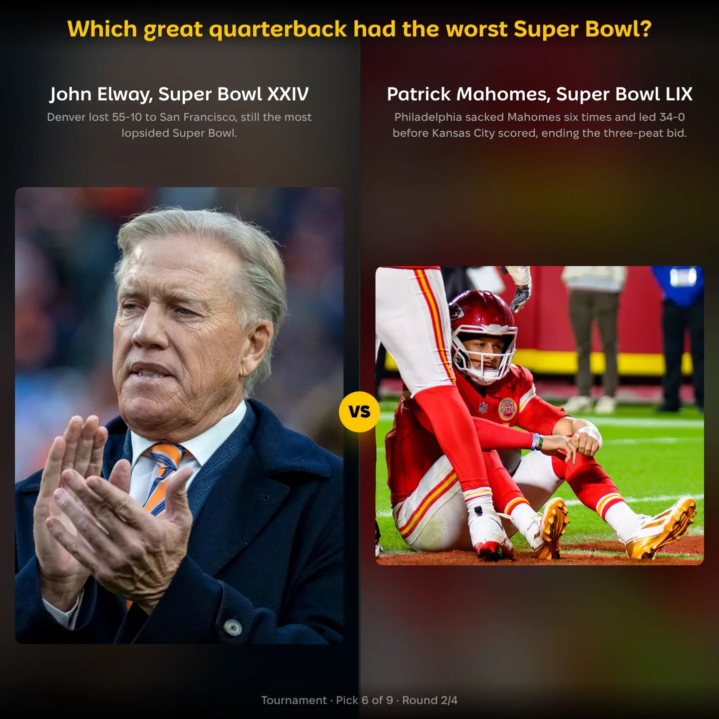 Patrick Mahomes in Super Bowl LIX vs John Elway in Super Bowl XXIV in the worst Super Bowl by a great quarterback ranking