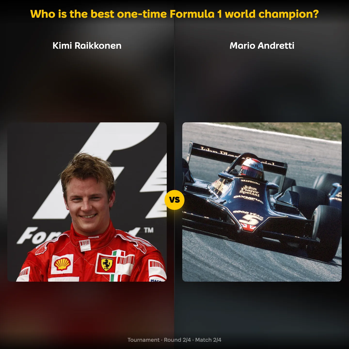 Who is the best one-time Formula 1 world champion, with Kimi Räikkönen against Mario Andretti in the Lotus 79