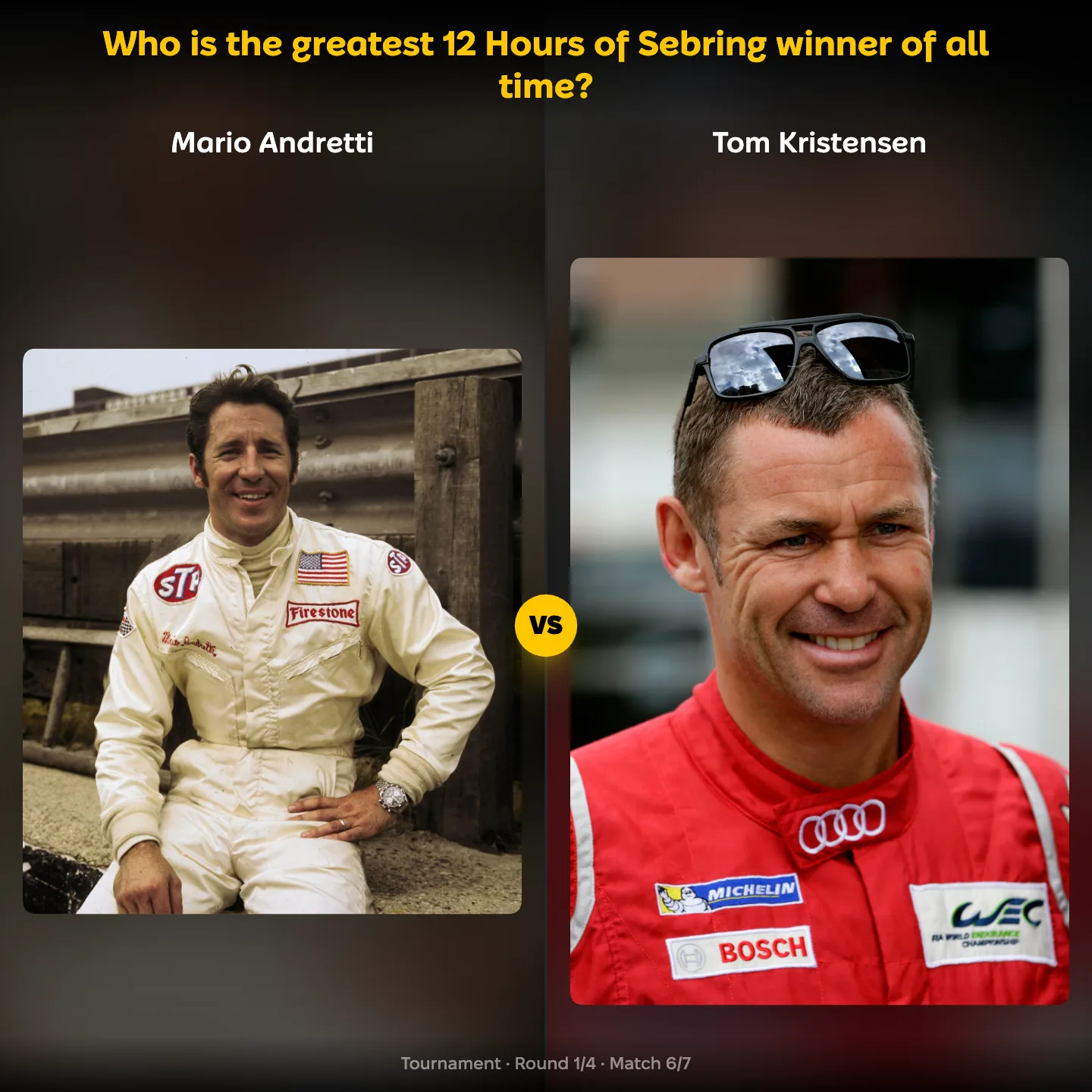 Who is the greatest 12 Hours of Sebring winner of all time, with Mario Andretti against Tom Kristensen