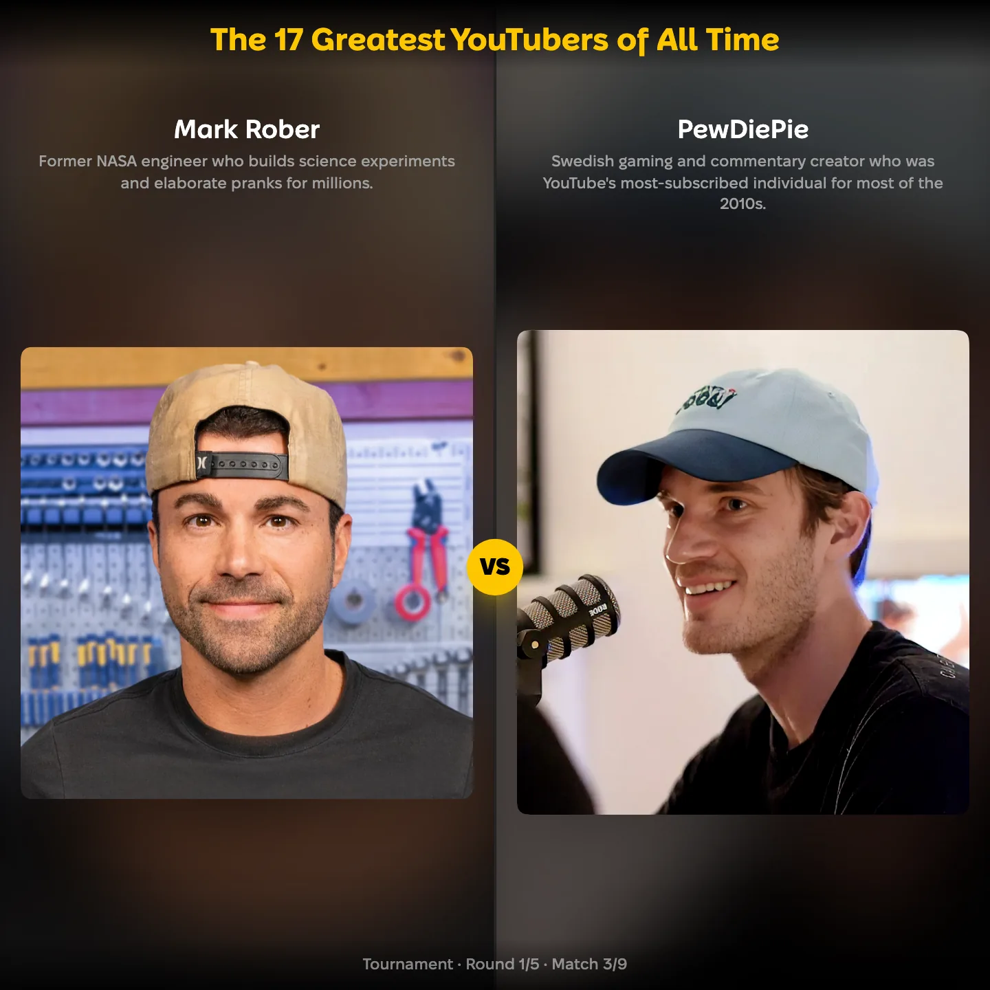Mark Rober vs PewDiePie in the ranking of the 17 greatest YouTubers of all time