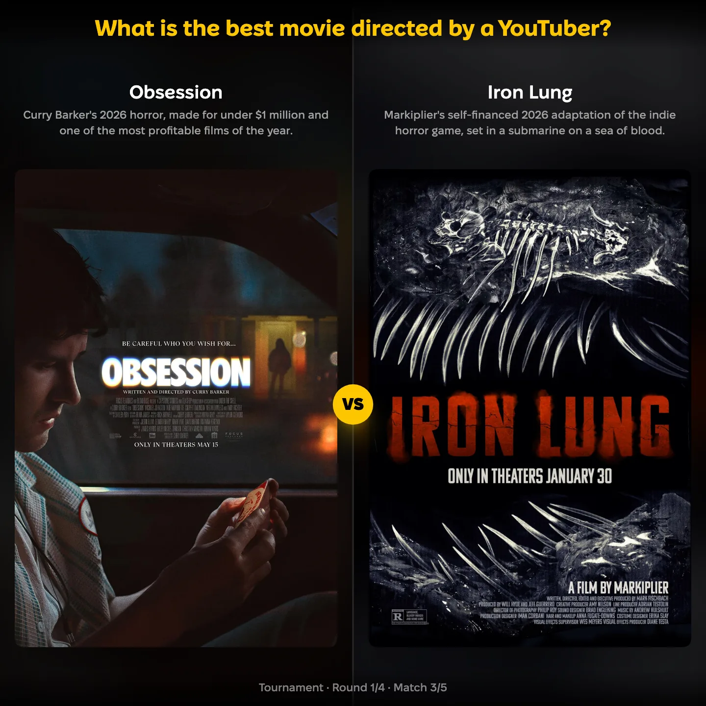 The best movie directed by a YouTuber, Obsession against Markiplier's Iron Lung