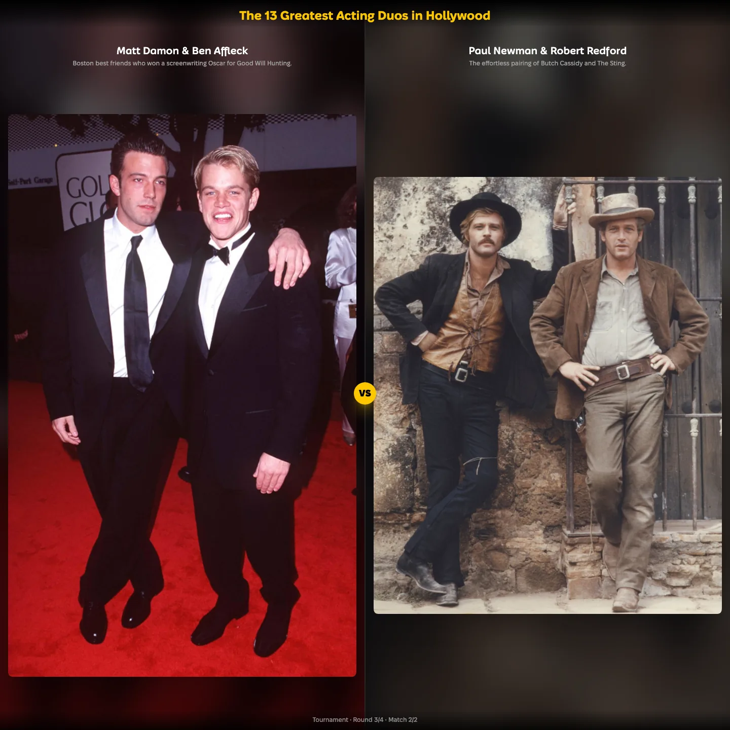 The greatest acting duos in Hollywood ranking, featuring Matt Damon and Ben Affleck