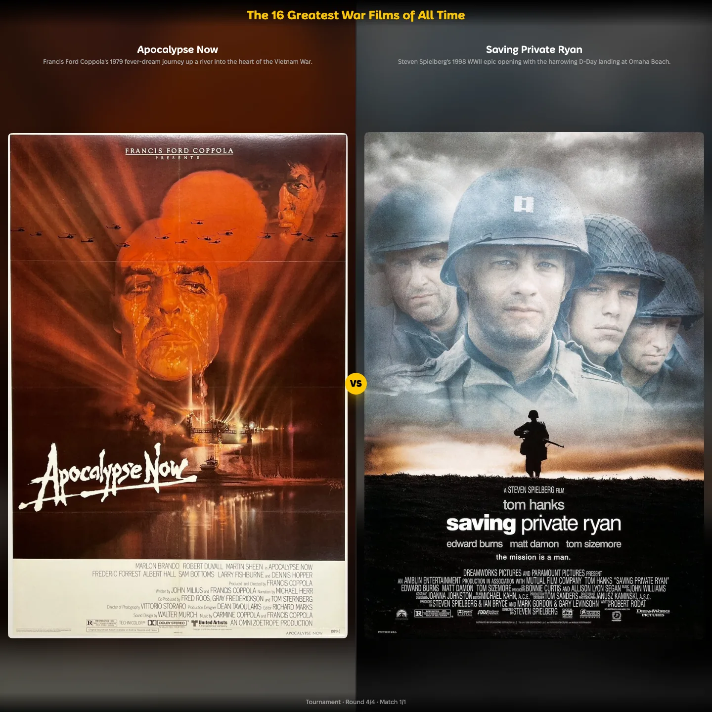 The greatest war films of all time ranking, featuring Saving Private Ryan with Matt Damon