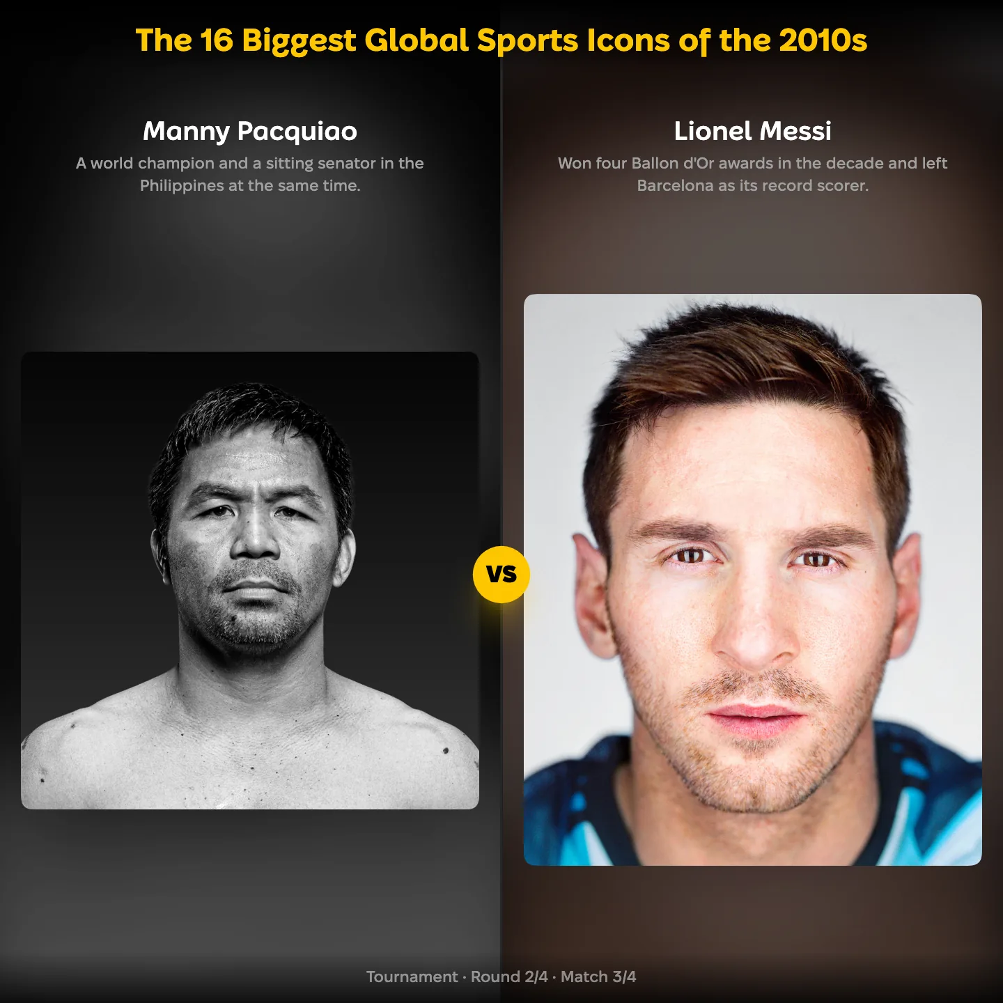The biggest global sports icons of the 2010s ranked, with Manny Pacquiao against Lionel Messi