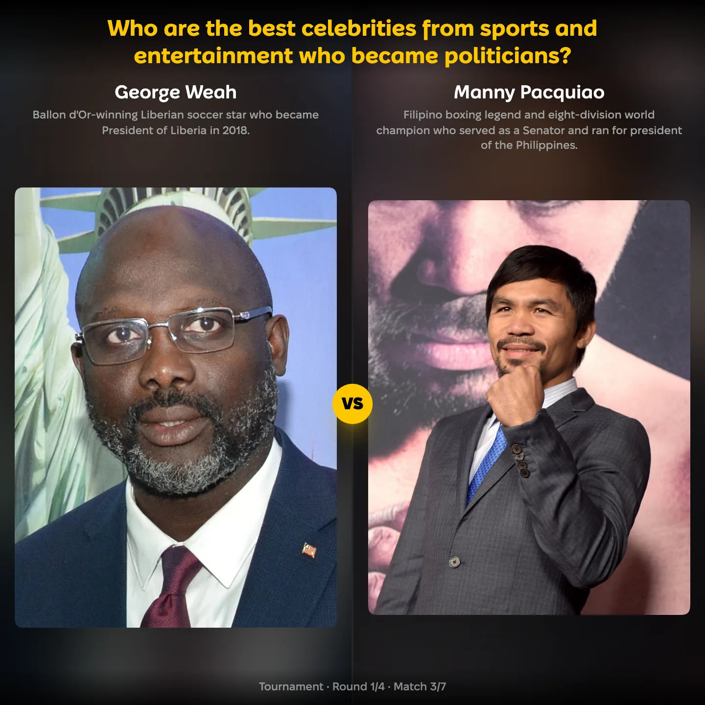 The best celebrities from sports and entertainment who became politicians ranked, with George Weah against Manny Pacquiao