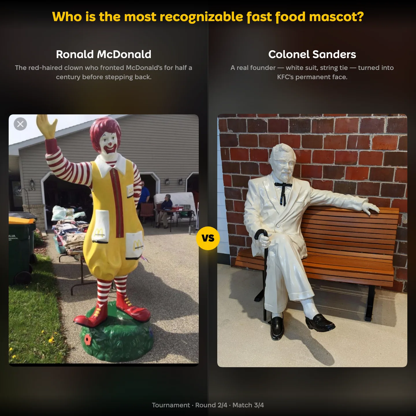 The most recognizable fast food mascot ranked, with Ronald McDonald against Colonel Sanders