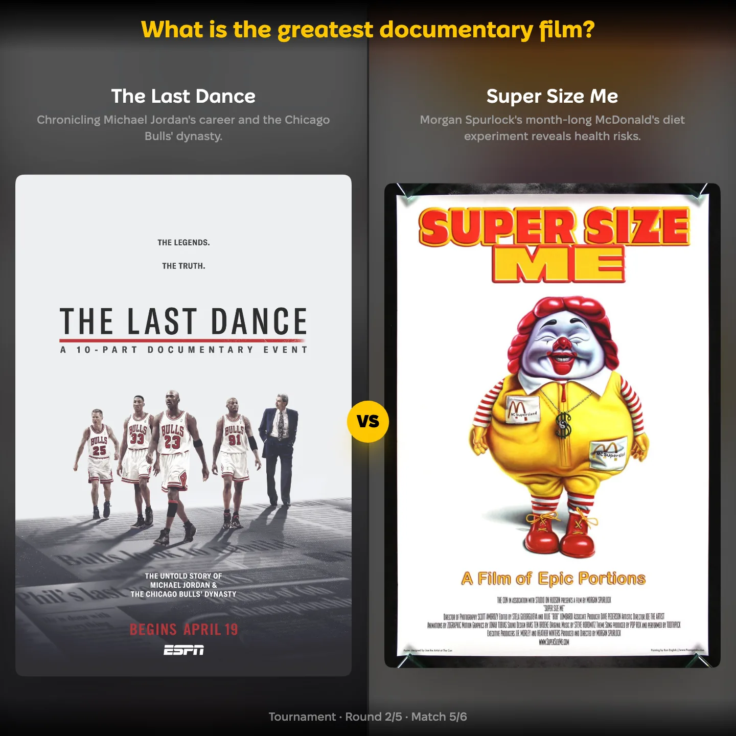 The greatest documentary film ranked, with The Last Dance against Super Size Me