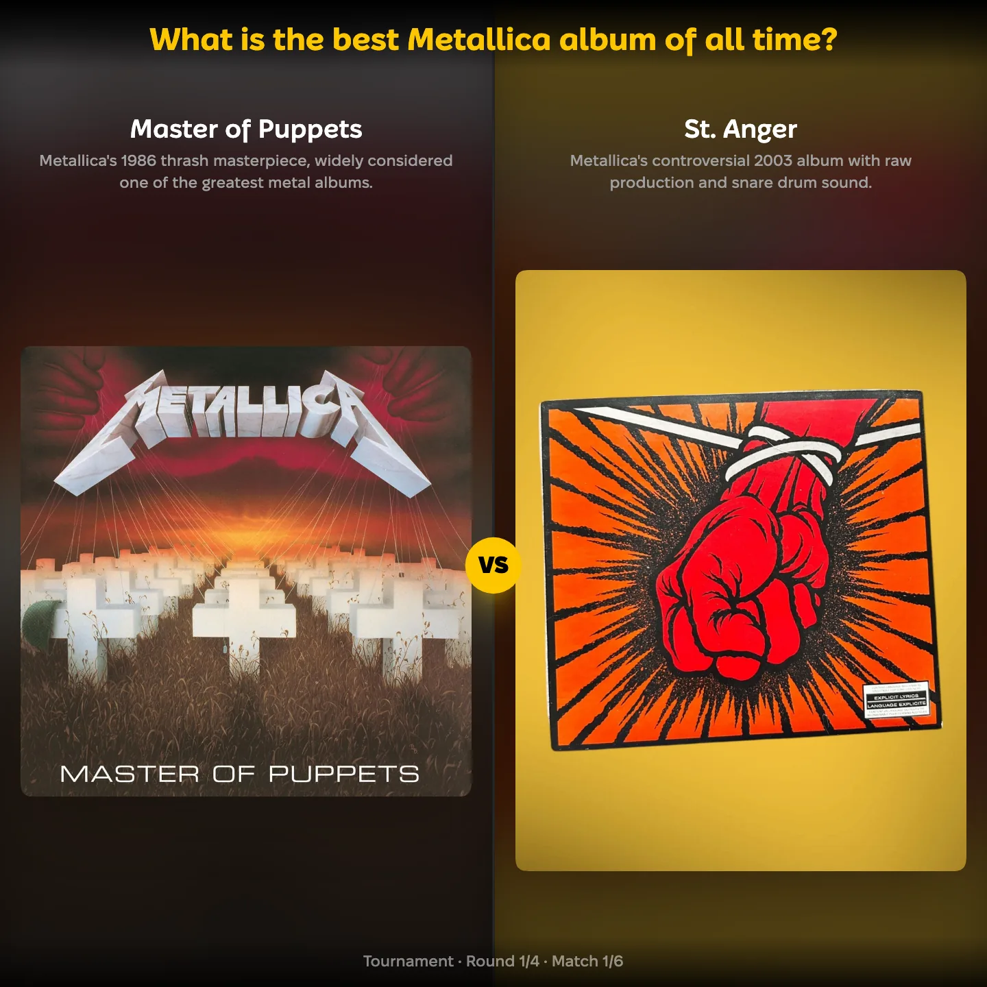 The best Metallica album of all time ranking, with Master of Puppets against St. Anger