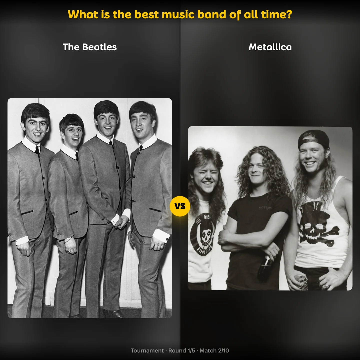 The best music band of all time ranking, with Metallica against The Beatles