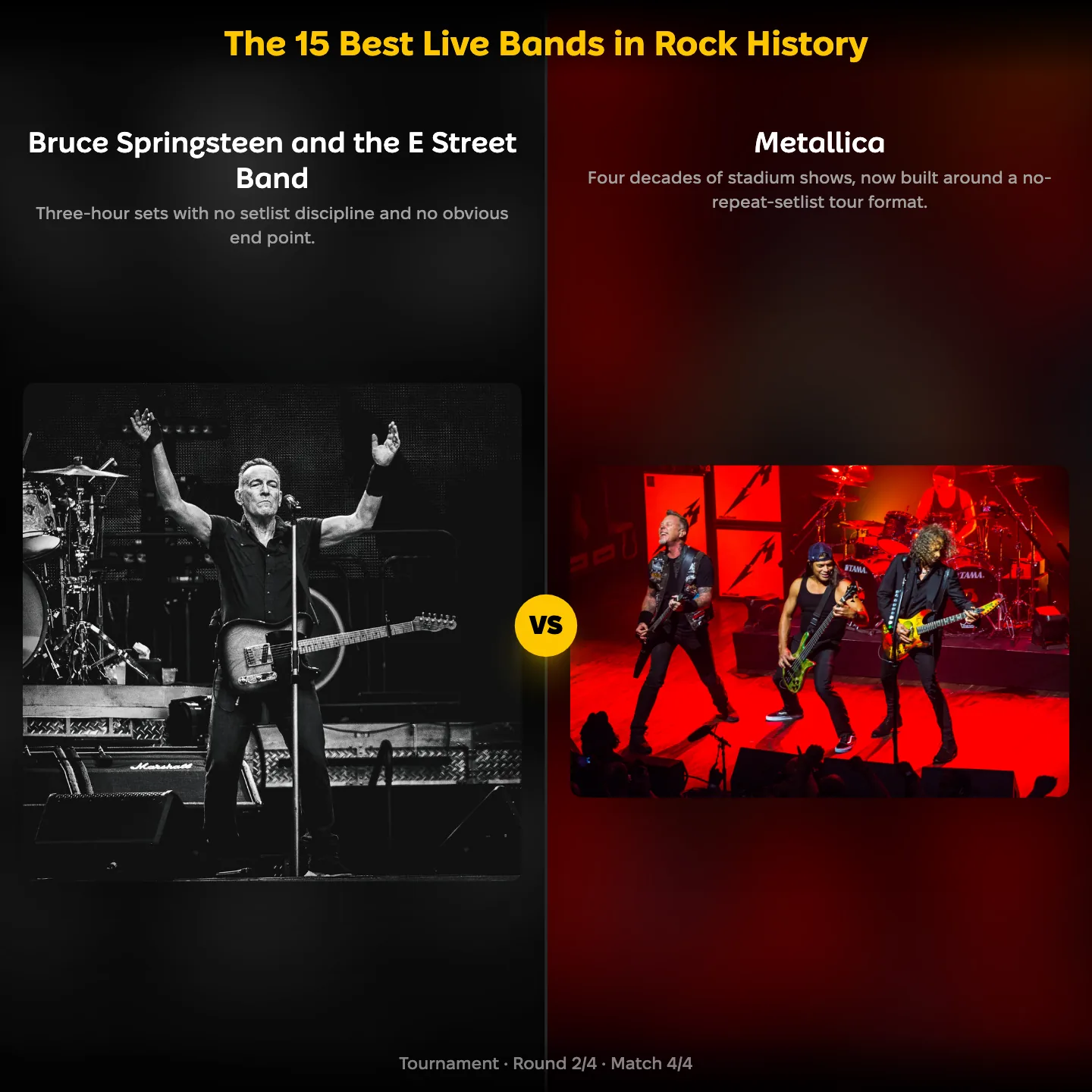 The 15 best live bands in rock history ranked, with Bruce Springsteen against Metallica