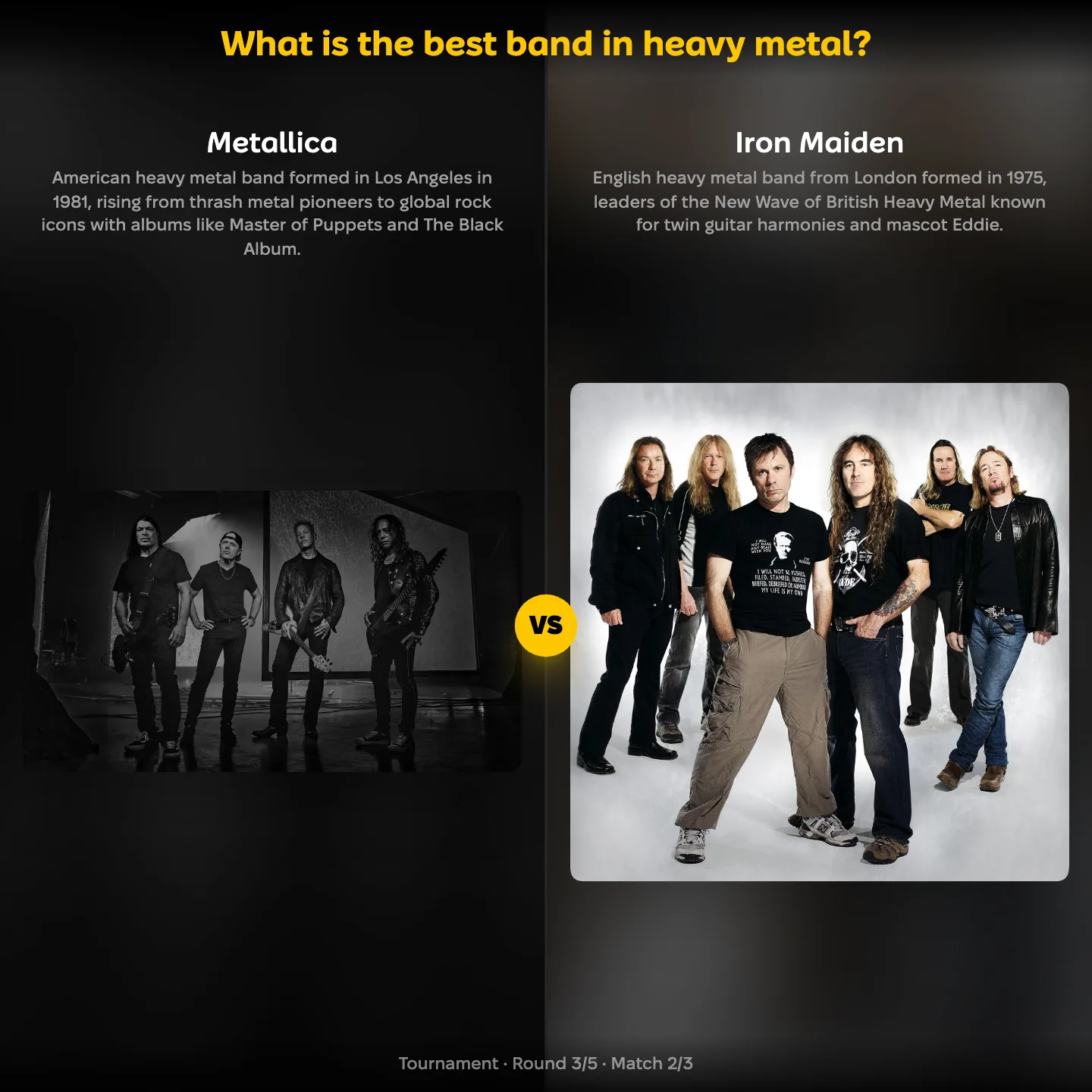 The best band in heavy metal ranking, with Metallica against Iron Maiden