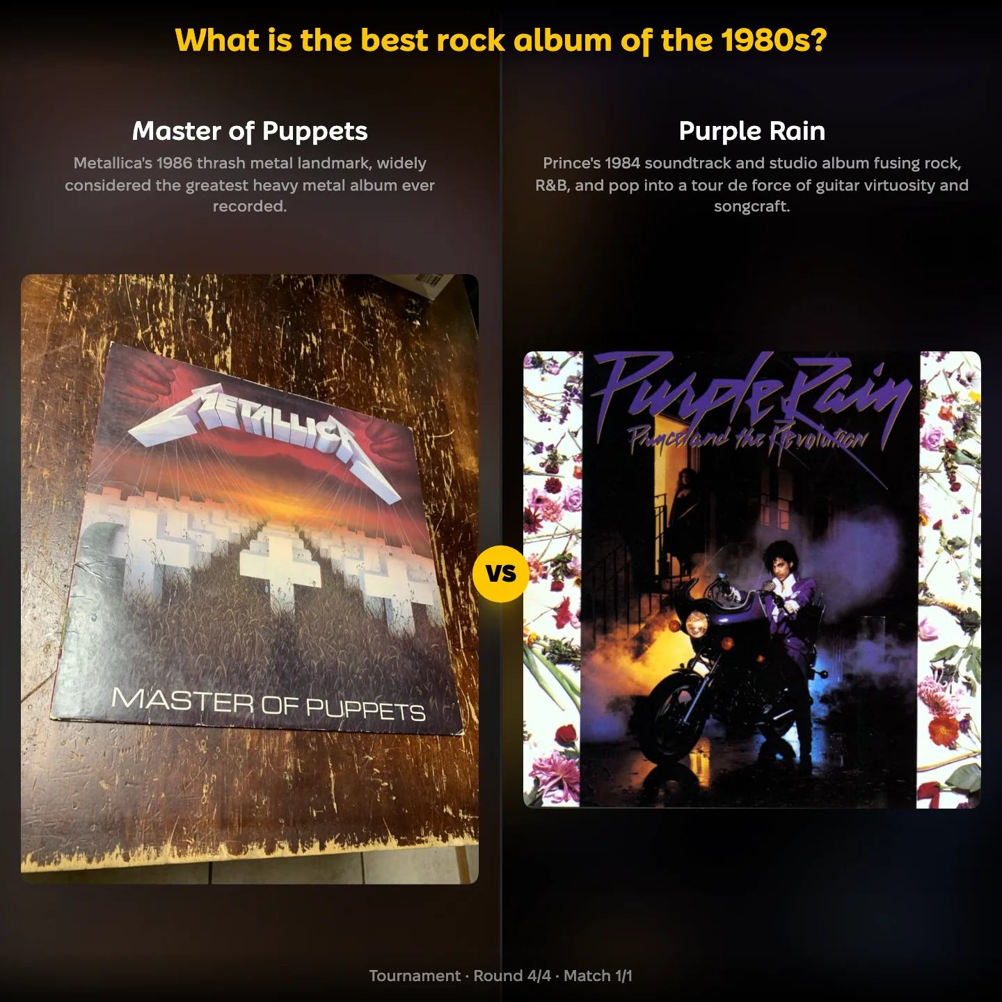 The best rock album of the 1980s ranking, with Master of Puppets against Purple Rain