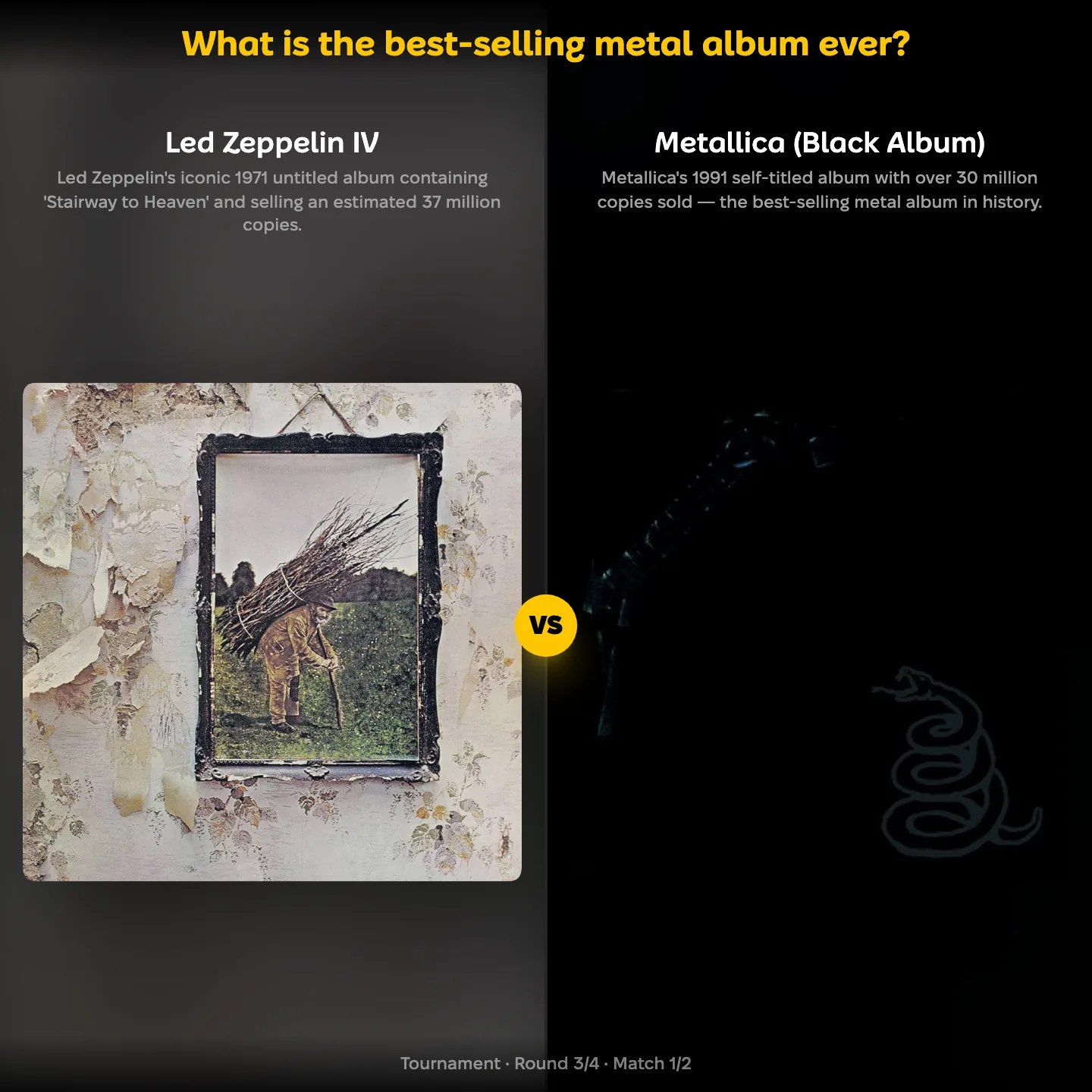 The best-selling metal album ever ranking, with Led Zeppelin IV against Metallica's Black Album