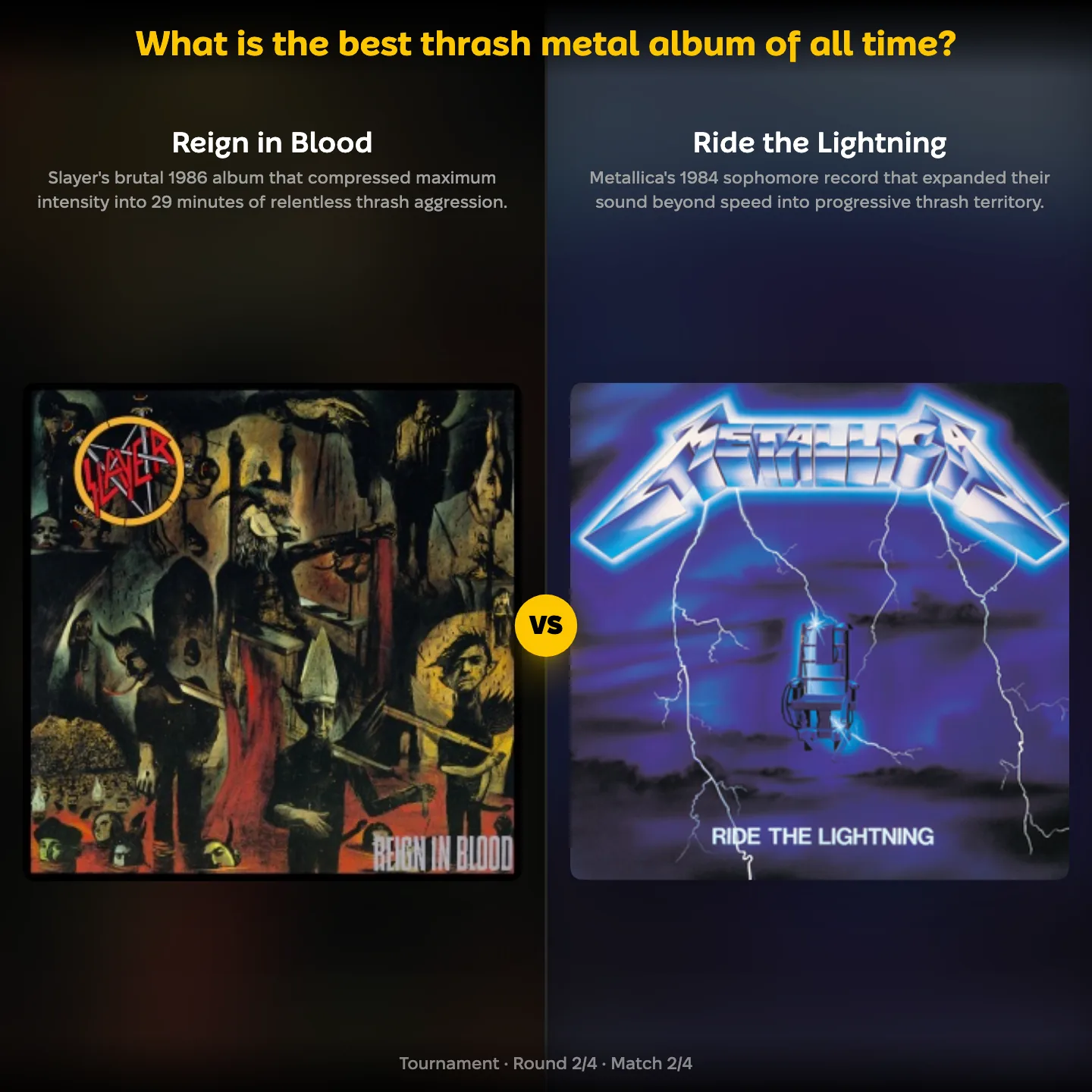 The best thrash metal album of all time ranking, with Reign in Blood against Ride the Lightning