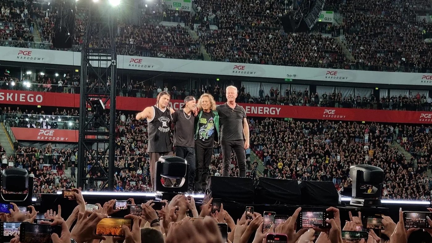Metallica on stage in front of a full stadium, Warsaw 2024