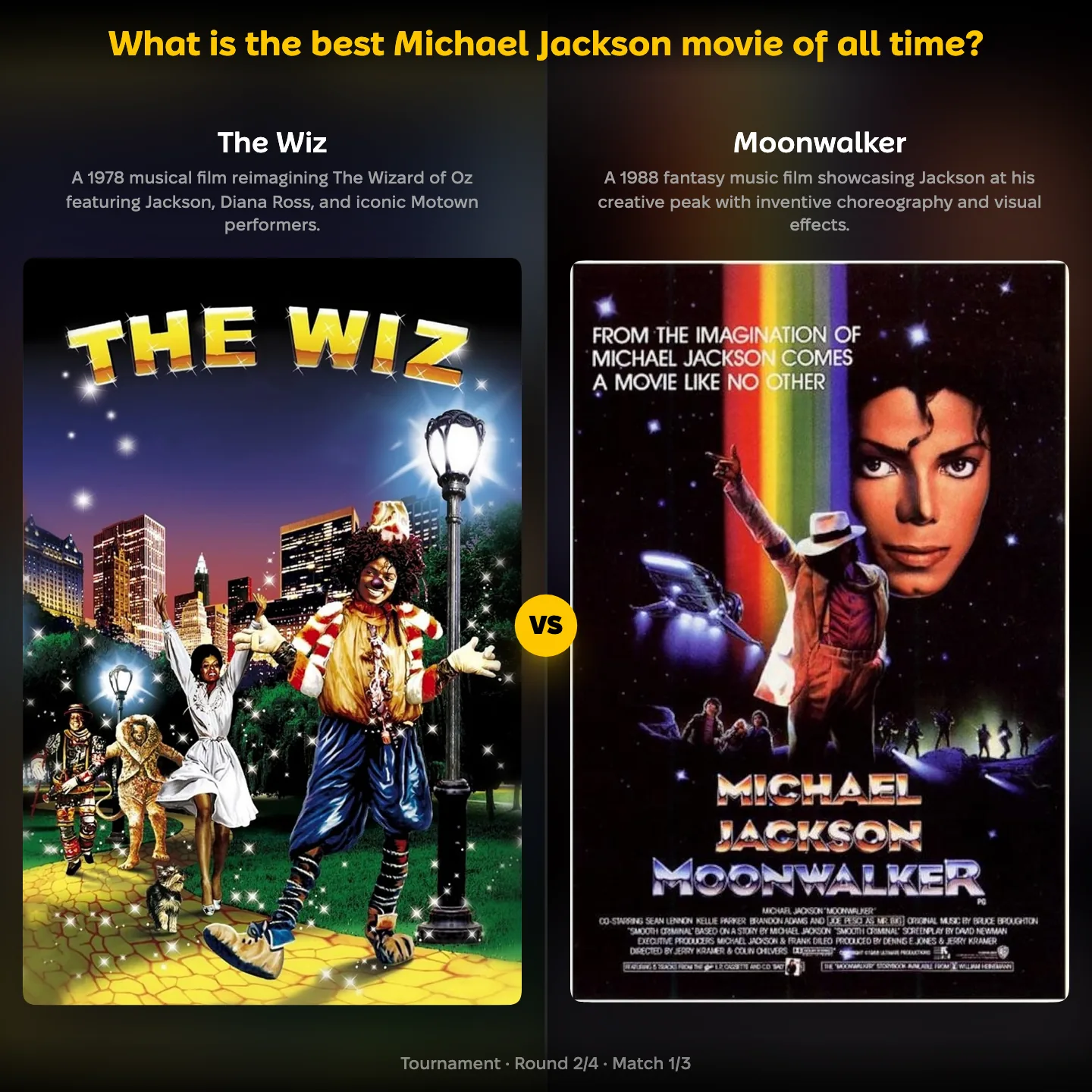 Matchup screen from the best Michael Jackson movie ranking: The Wiz against Moonwalker