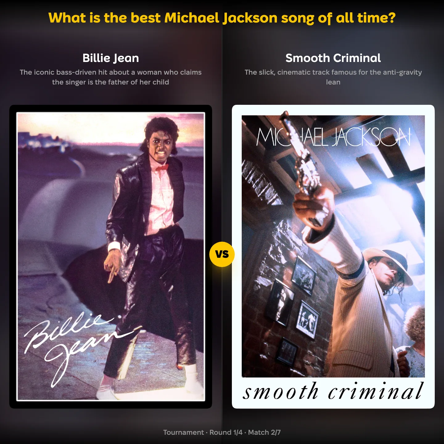 Matchup screen from the best Michael Jackson song ranking: Billie Jean against Smooth Criminal