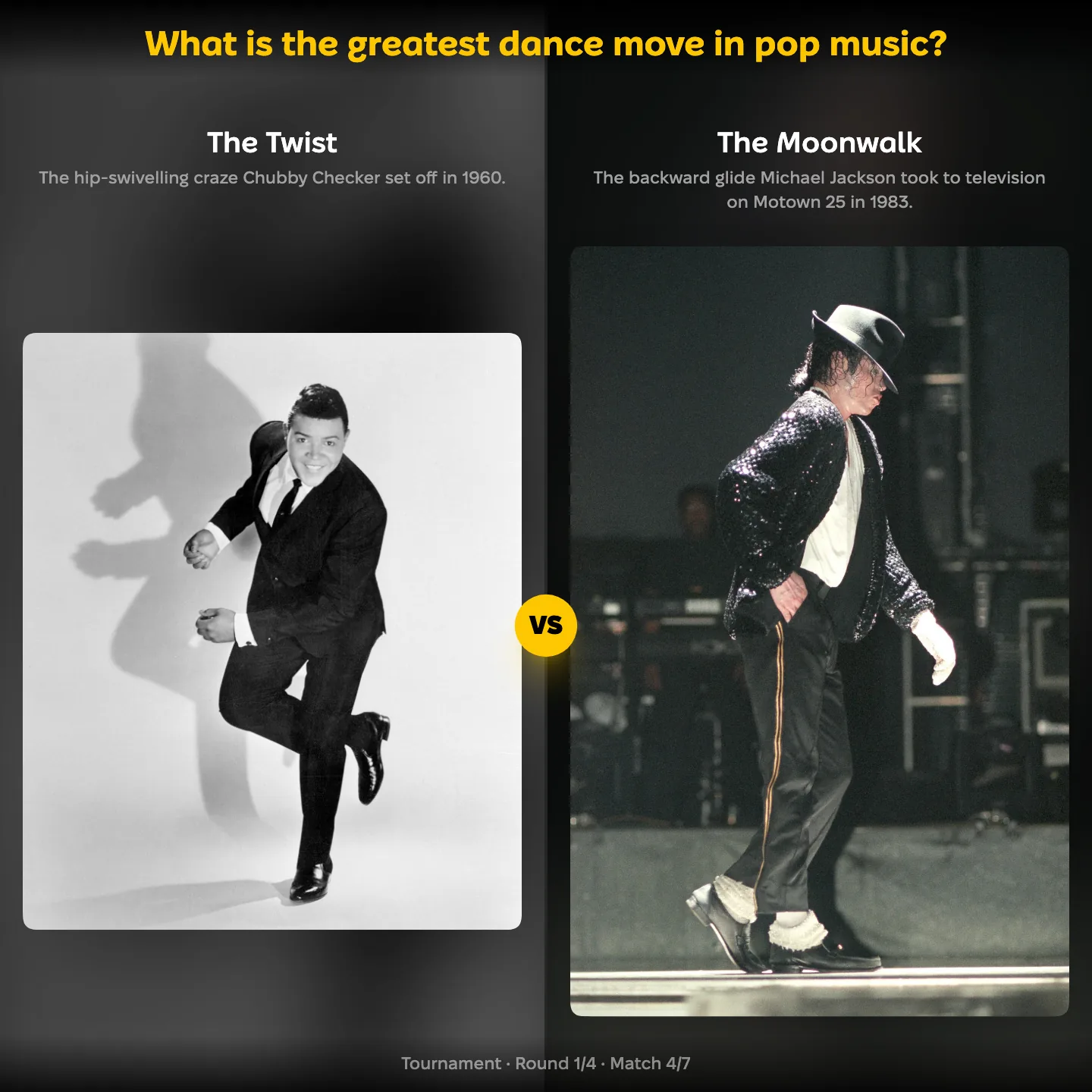 Matchup screen from the greatest dance move ranking: the Twist against the moonwalk