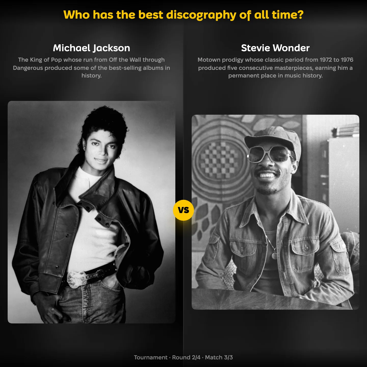 Matchup screen from the best discography ranking: Michael Jackson against Stevie Wonder