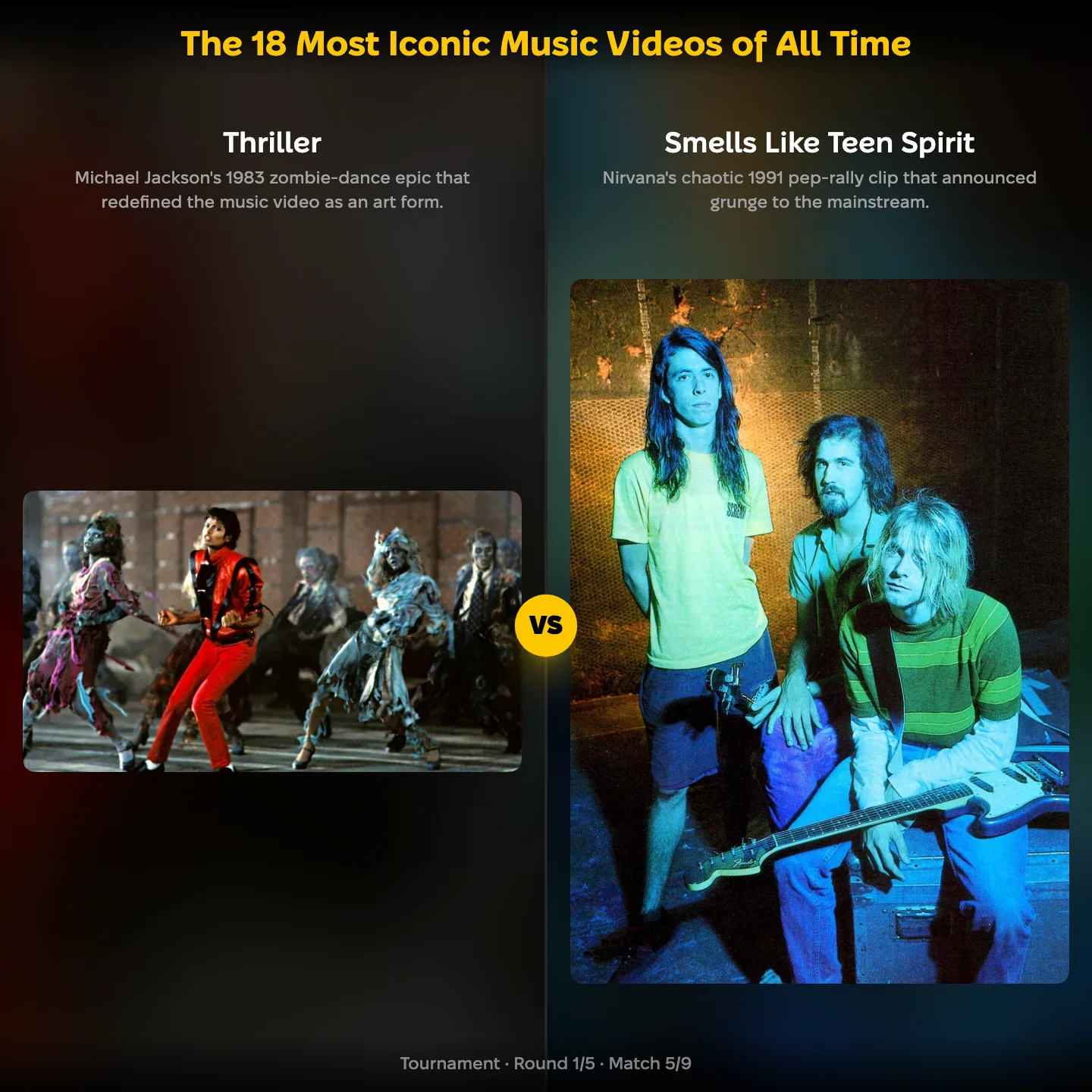 Matchup screen from the most iconic music videos ranking: Thriller against Smells Like Teen Spirit