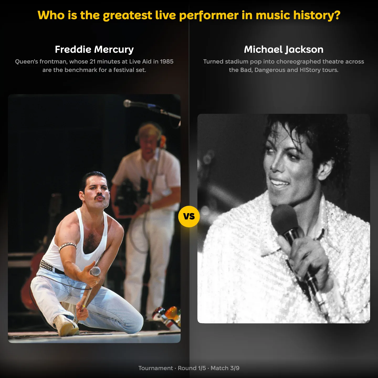 Matchup screen from the greatest live performer ranking: Freddie Mercury against Michael Jackson