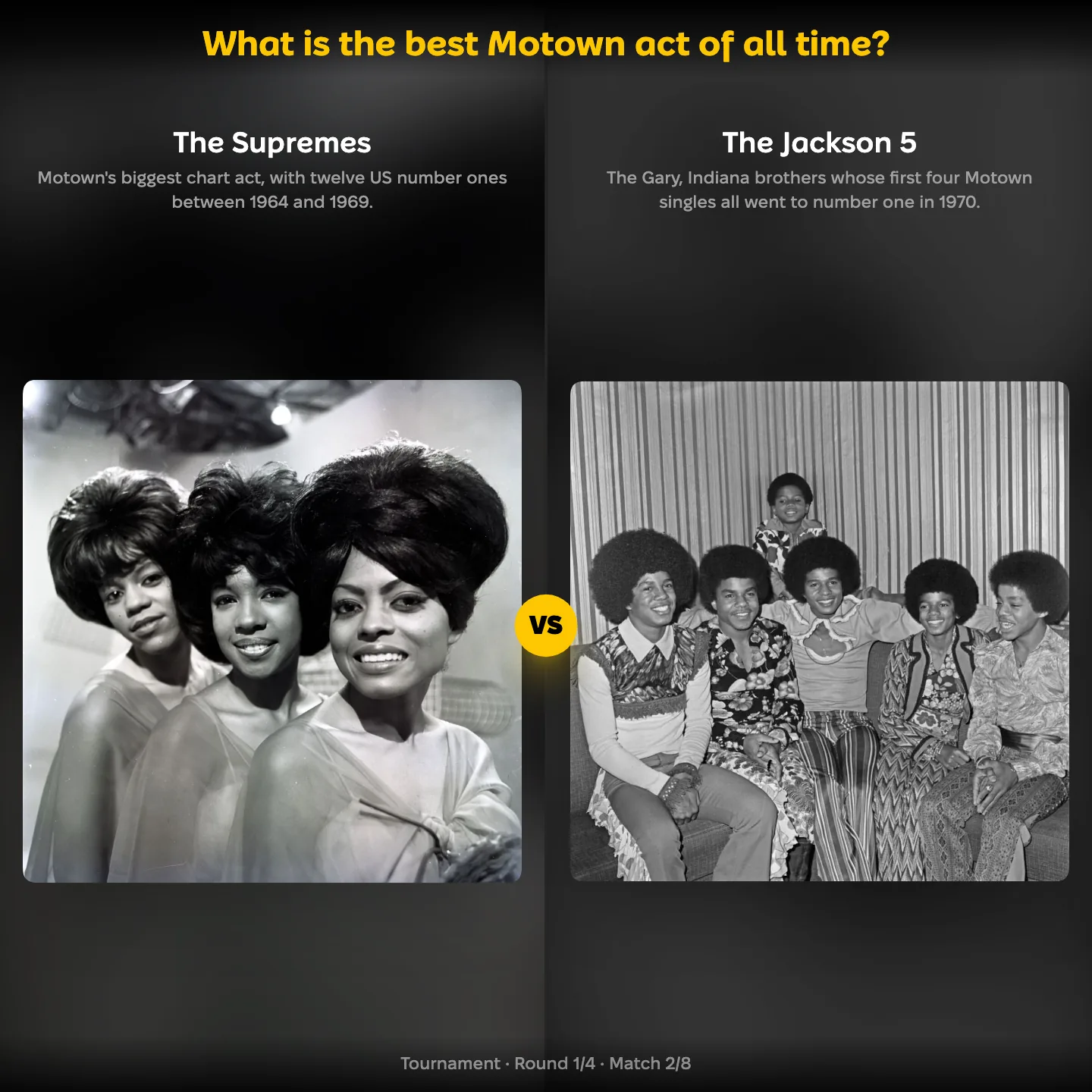 Matchup screen from the best Motown act ranking: The Supremes against The Jackson 5
