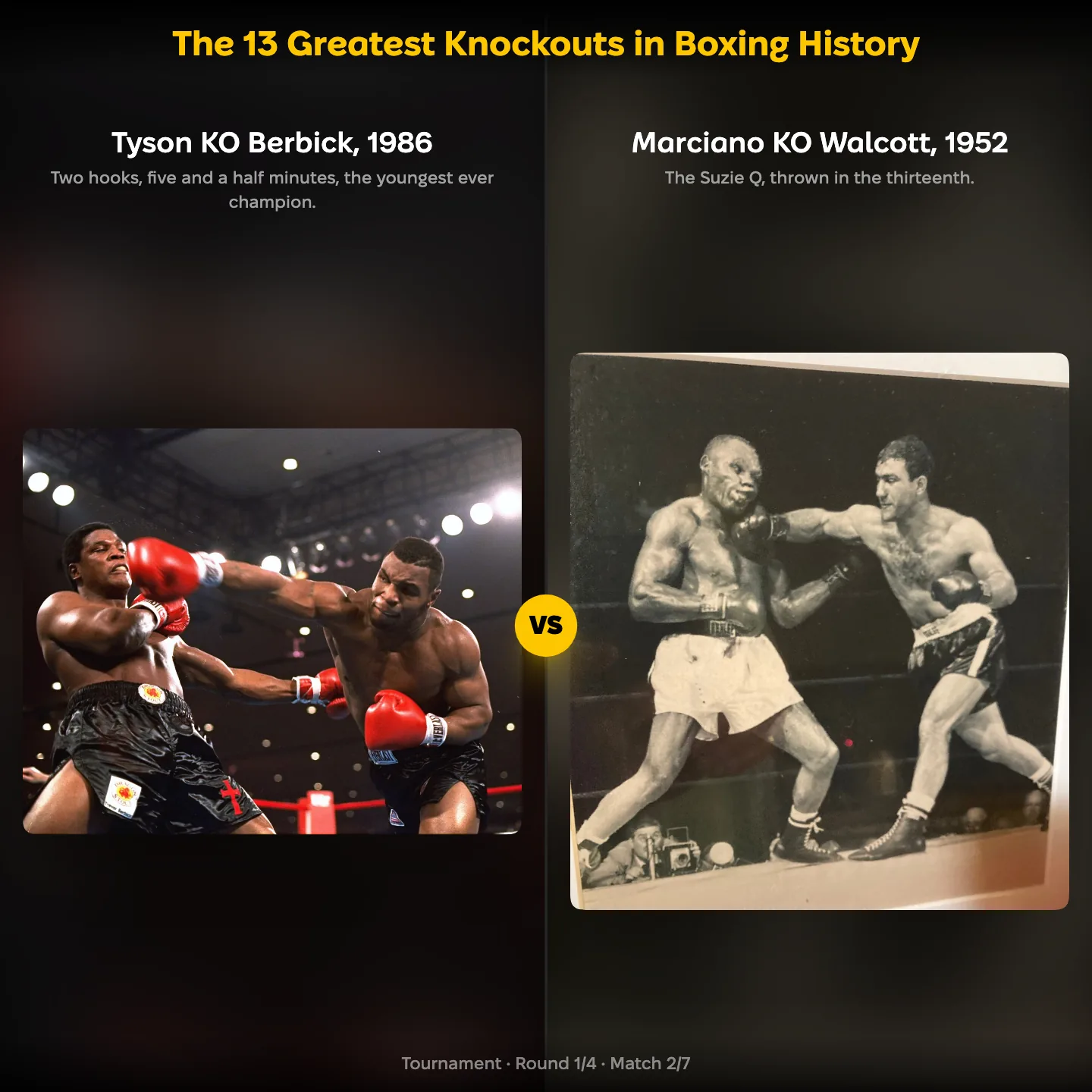 Tyson KO Berbick 1986 against Marciano KO Walcott 1952 in the 13 Greatest Knockouts in Boxing History ranking
