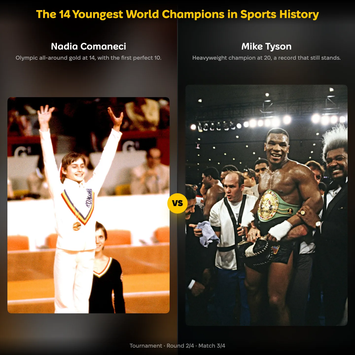 Nadia Comaneci against Mike Tyson in the 14 Youngest World Champions in Sports History ranking