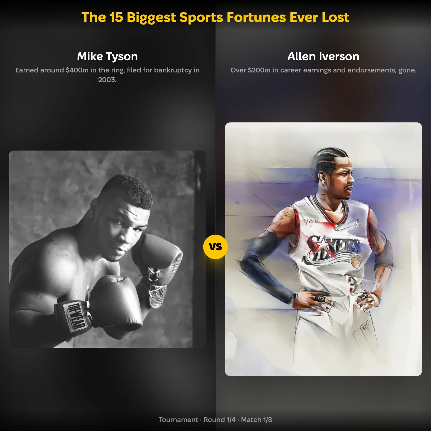 Mike Tyson against Allen Iverson in the 15 Biggest Sports Fortunes Ever Lost ranking