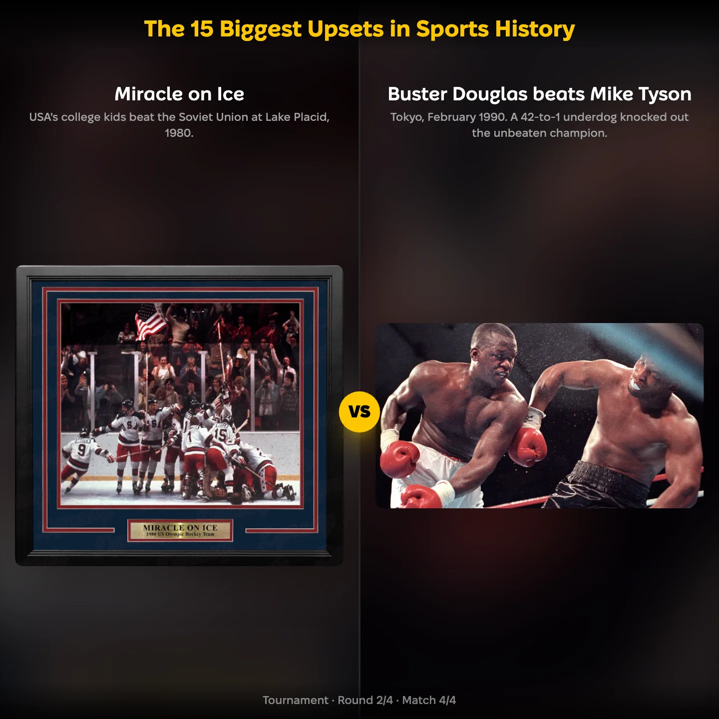 Miracle on Ice against Buster Douglas beats Mike Tyson in the 15 Biggest Upsets in Sports History ranking
