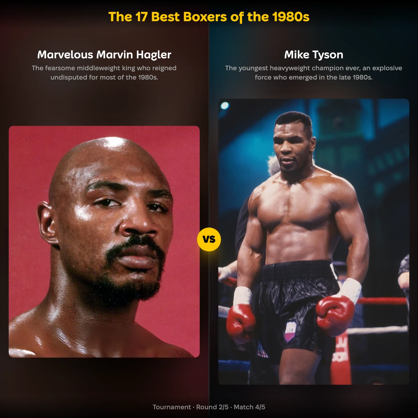 Marvelous Marvin Hagler against Mike Tyson in the 17 Best Boxers of the 1980s ranking