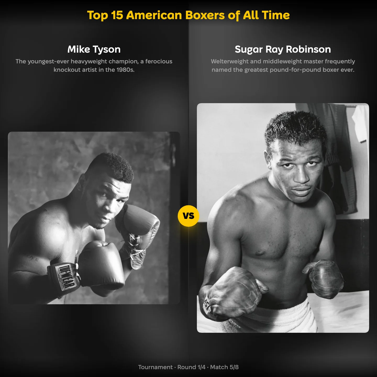 Mike Tyson against Sugar Ray Robinson in the Top 15 American Boxers of All Time ranking